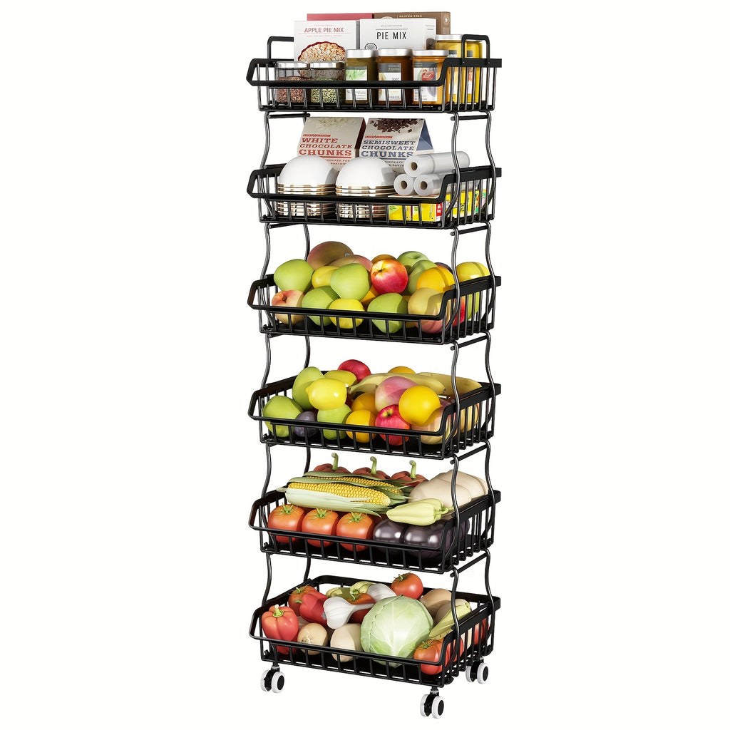 6-Tier Stackable Metal Wire Storage Basket Organizer with Wheels - Space-Saving Kitchen Pantry Organizer for Fruits, Vegetables, Utensils & Utensil Holders, Durable Rectangular Design, Pantry Organizers And Storage, Open Shelf Design, Visible Content Acce