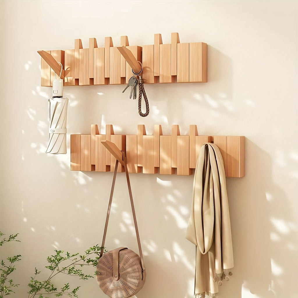 Versatile 1pc Adjustable Home Storage Rack – durable multi-purpose storage, 1pc Natural Wood Wall-Mounted Coat Rack with 10 Hooks - Piano-Shaped Accordion Design Walnut, designed for American homes, daily convenience and practical gifting