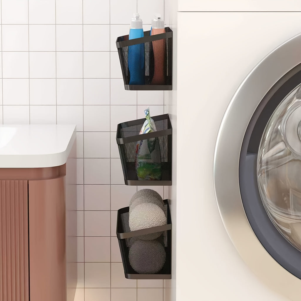 2pcs Magnetic Storage Baskets with Heavy-Duty Carbon Shelf - Magnetic Base Suitable for Washing Machine, Fridge & Laundry Room Organization - Space-Saving Shelving for Detergent, Fabric Softener, Spice Rack (Black), Laundry Baskets