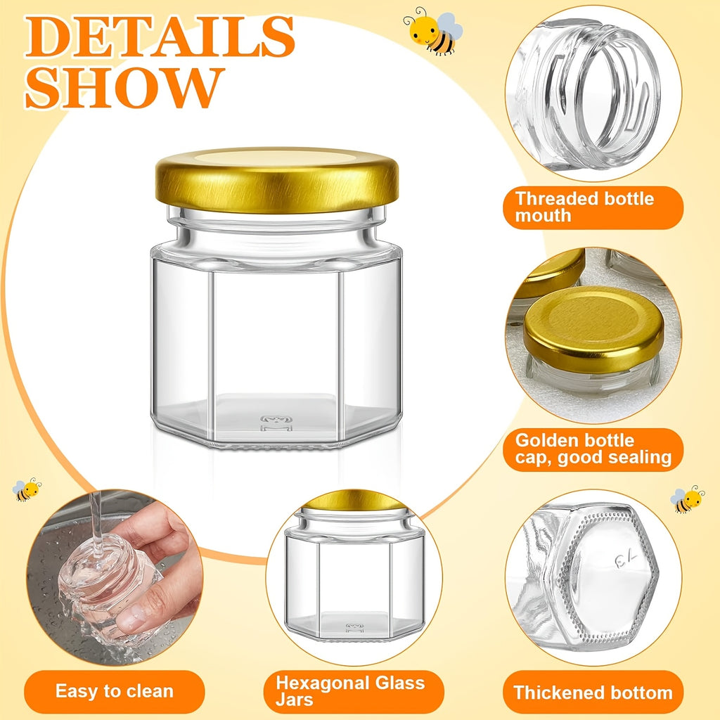 Space-Saving 5oz Airtight Storage Jar Set – clear reusable pantry storage, 1 5oz Mini Glass Hexagon Canning Jars with Golden Lid Bee Charms Honeybee Pendant, designed for American homes, daily convenience and practical gifting
