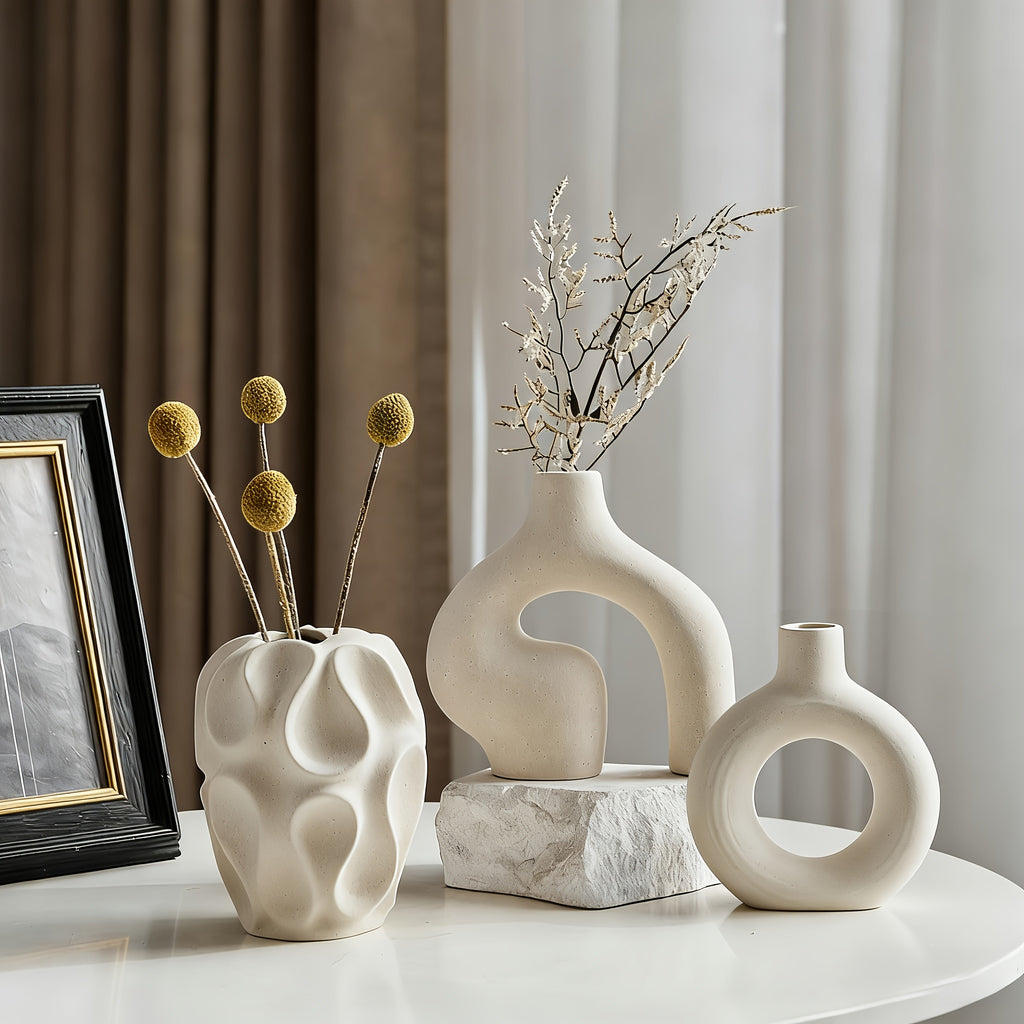 Kitchen Essential – Ceramic Vase Set 3 - Piece - Bohemian Farmhouse Style Decorative Vases Pampas Grass, Beige Vases Home Decor, Living Room, Kitchen, Bedroom, Entryway Mantel for Modern US