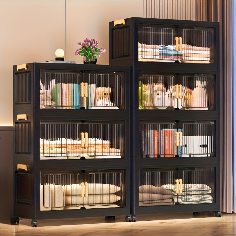 6-Tier (50.6 In) Large-Capacity Black Storage Box, 3/4/5/6-Tier Foldable Storage Boxes, Stackable Storage Cabinet with Translucent Magnetic Doors And Silent Wheels, Stable And Durable, Suitable for Bedroom, Living Room And Other Multi-Scene Storage