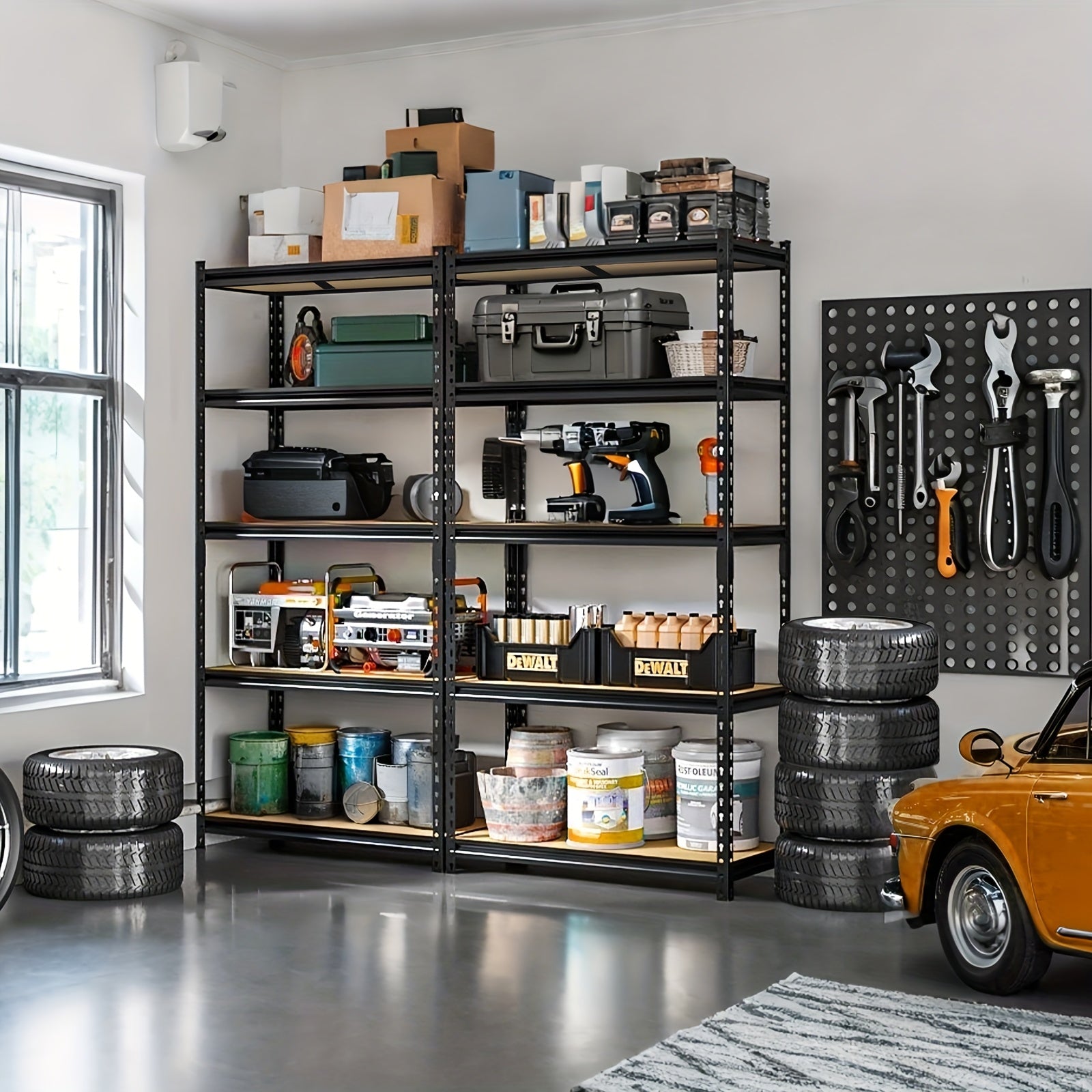 2000 Capacity Heavy-Duty 5-Tier Industrial Shelving Unit - Adjustable Height (72"/60") Black Metal Storage Rack with Open & Enclosed Shelves, Freestanding Garage, Pantry, Closet Organizer, Easy Assembly Utility Shelf with & Hammer, Utility Shelves
