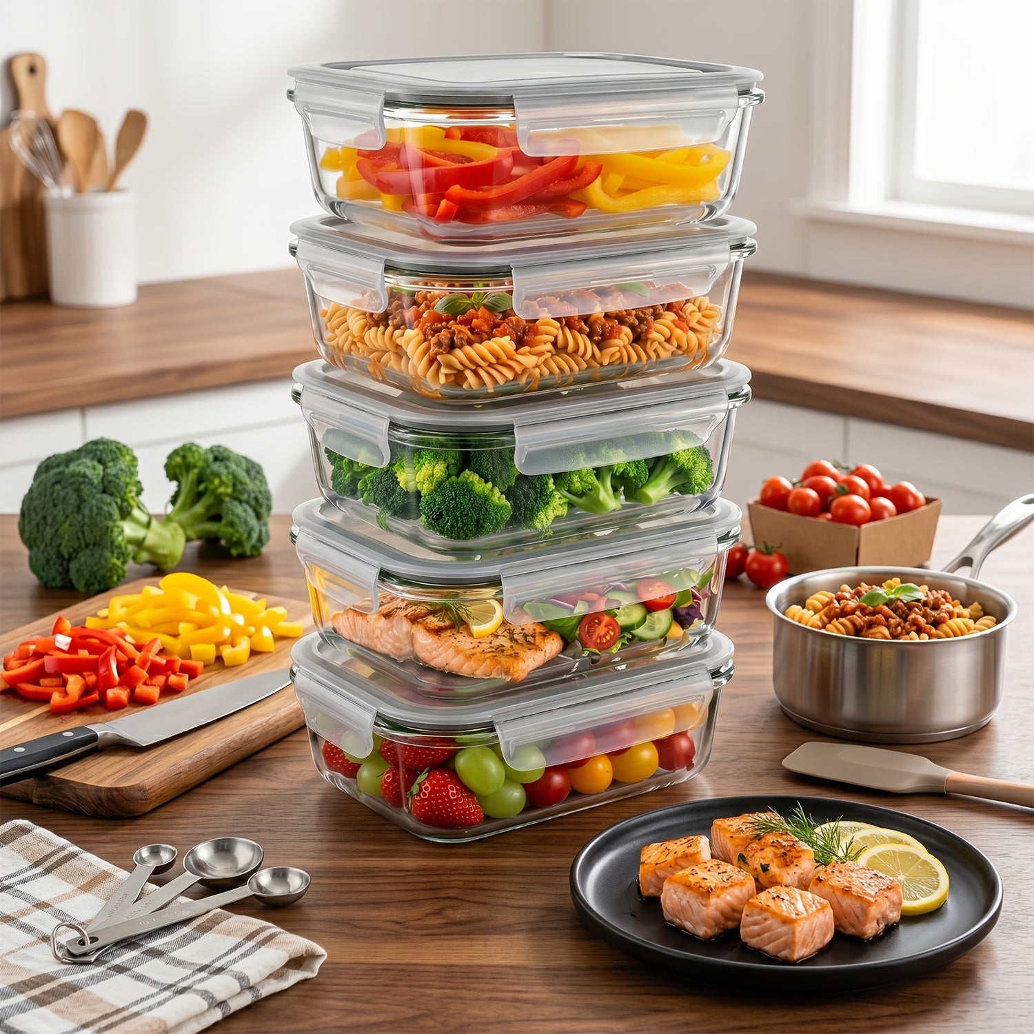 Food Storage Containers – leak-resistant reusable meal prep, 5 Pack 35oz Glass Food Storage Containers with