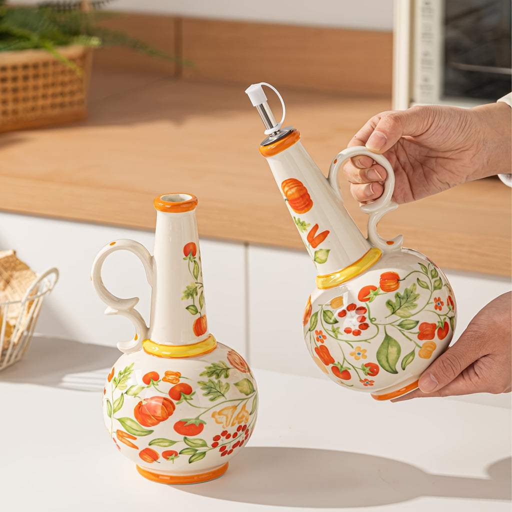 1pc Hand-Painted Ceramic 650Ml (21.98Oz) Leakproof Oil And Vinegar Cruet with Autumn Pumpkin Pattern, Refillable Oil Bottle for Olive Oil, Vinegar, And Soy Sauce, Farmhouse Thanksgiving Kitchen Decor