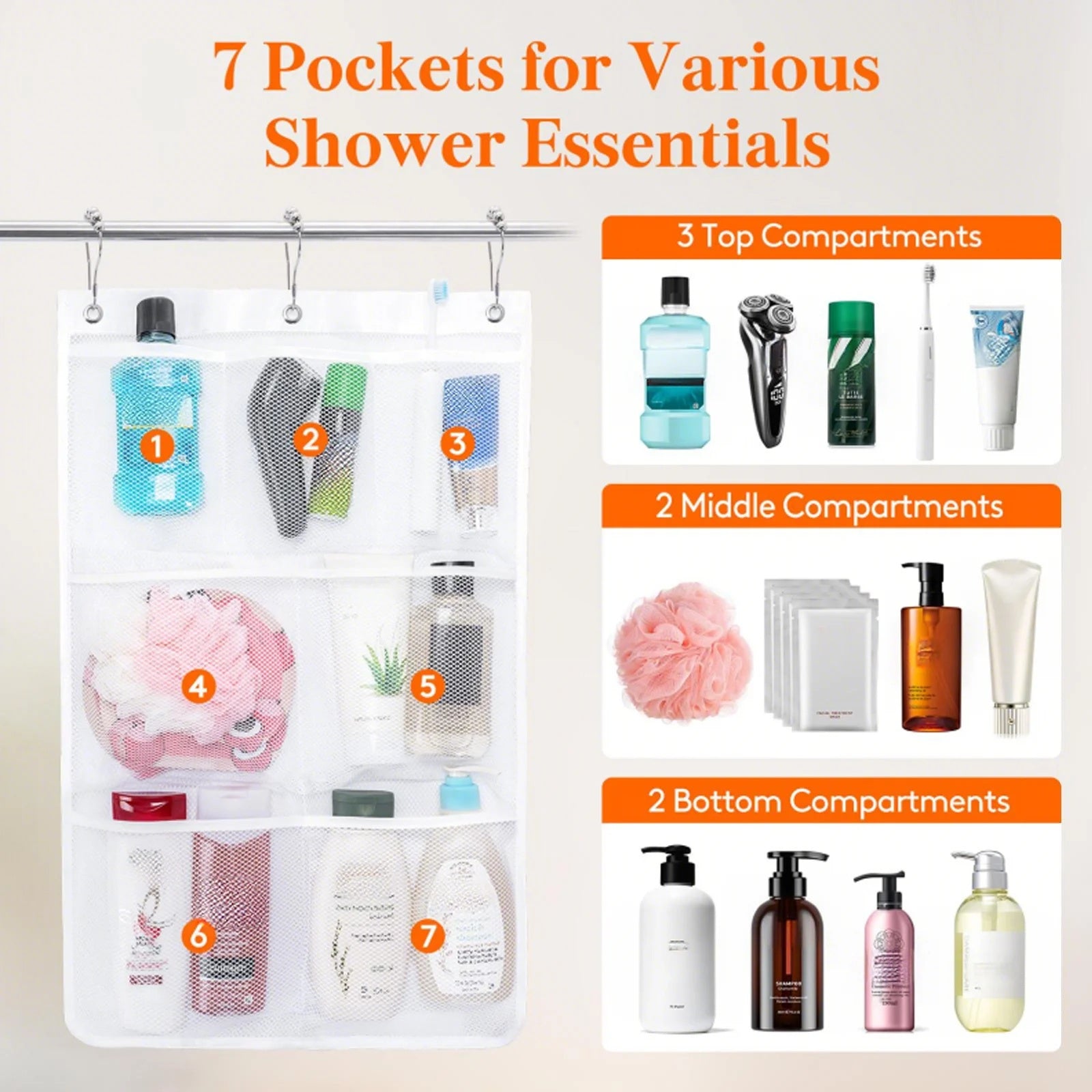 Easy-Access 1/2/3/4 Pack Home Storage Organizer – space-saving everyday organization, 7 Pocket Hanging Mesh Shower Caddy Quick-Dry Portable Bathroom Organizer for Soap Shampoo Cruise, designed for American homes, daily convenience and practical gifti