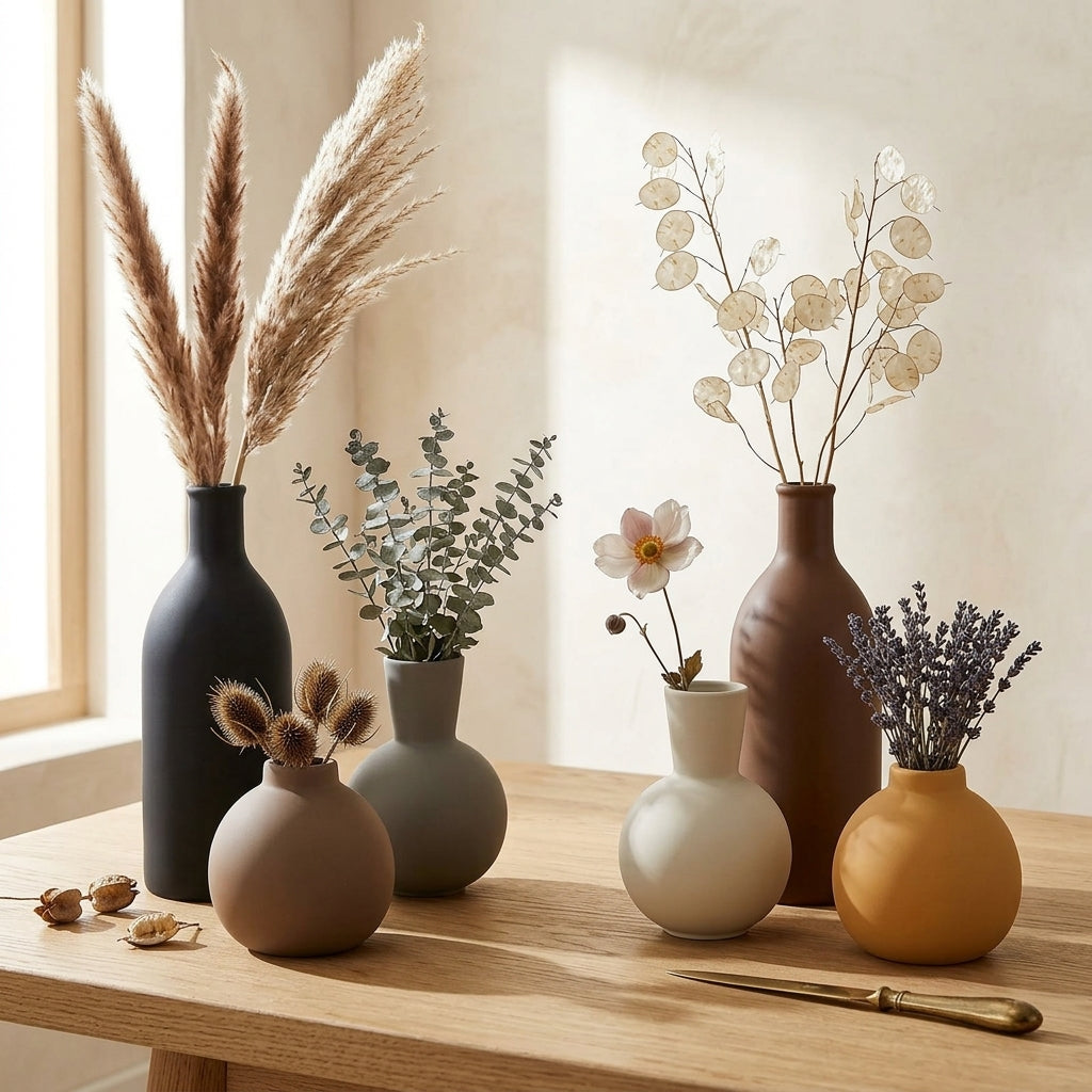 6pcs Minimalist Matte Ceramic Vase Set, Aesthetic Earth Tone Bud Vase Decor, Modern Boho Farmhouse Pottery for Shelf And Tabletop, Wabi-Sabi Decorative Bottles for Wedding And Home Accents