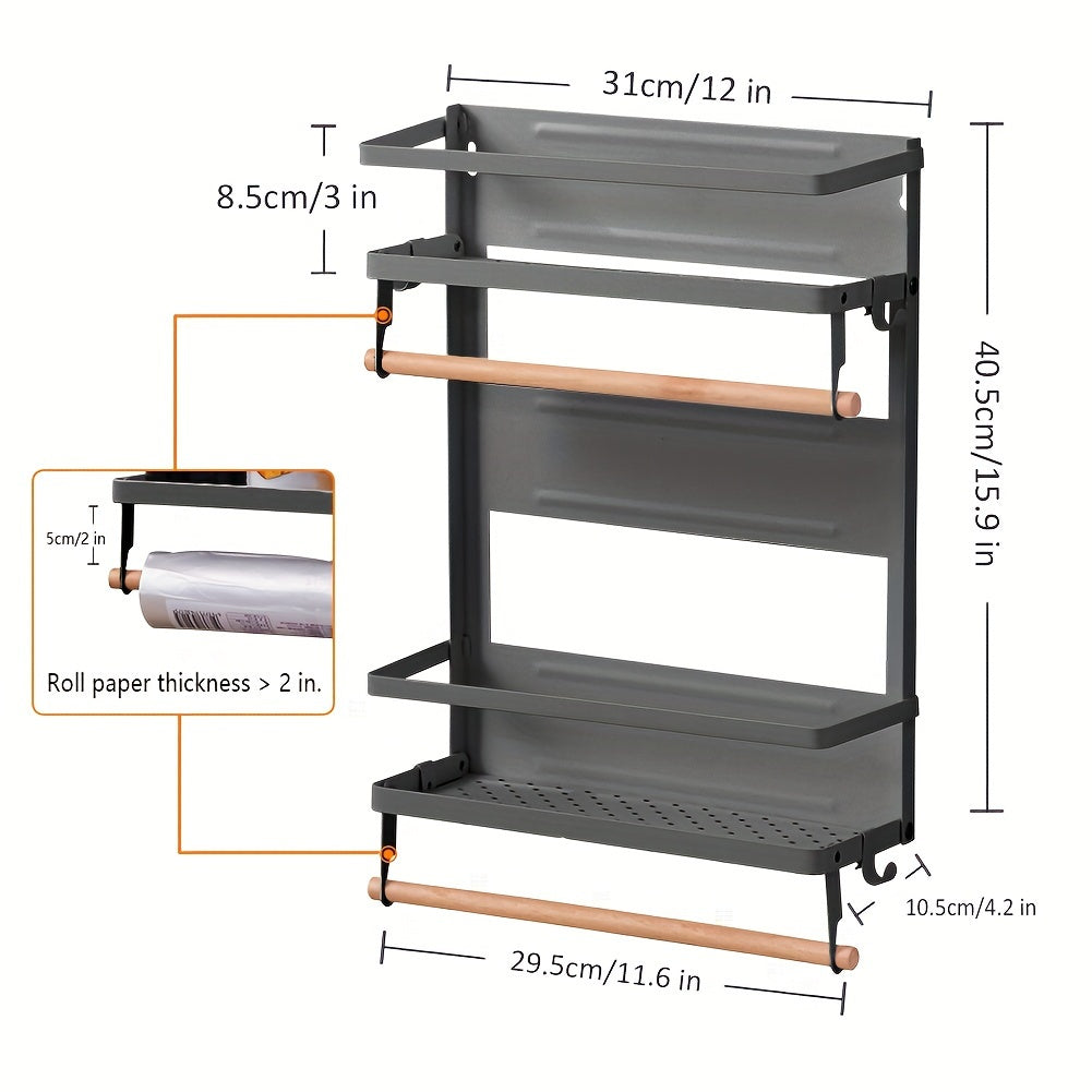 Magnetic Fridge Organizer Spice Rack With Paper Towel Holder And 5 Extra Hooks | 4 Tier Magnet Refrigerator Shelf In Kitchen