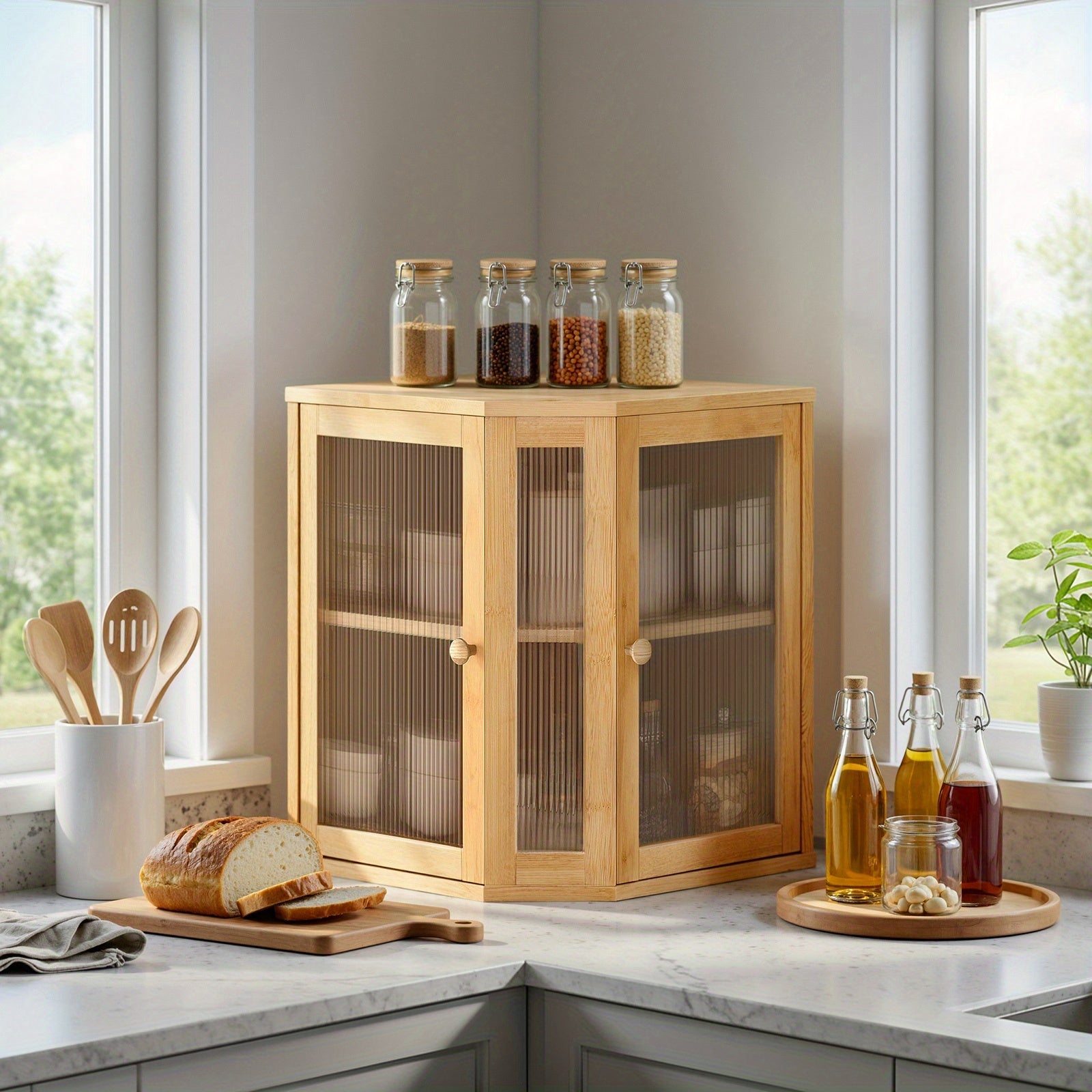 Corner Bread Box For Kitchen Counter, Bamboo Wood Large Capacity Bread Storage Bin With Dual Rippled Acrylic Doors, For Kitchen Food Storage, Natural