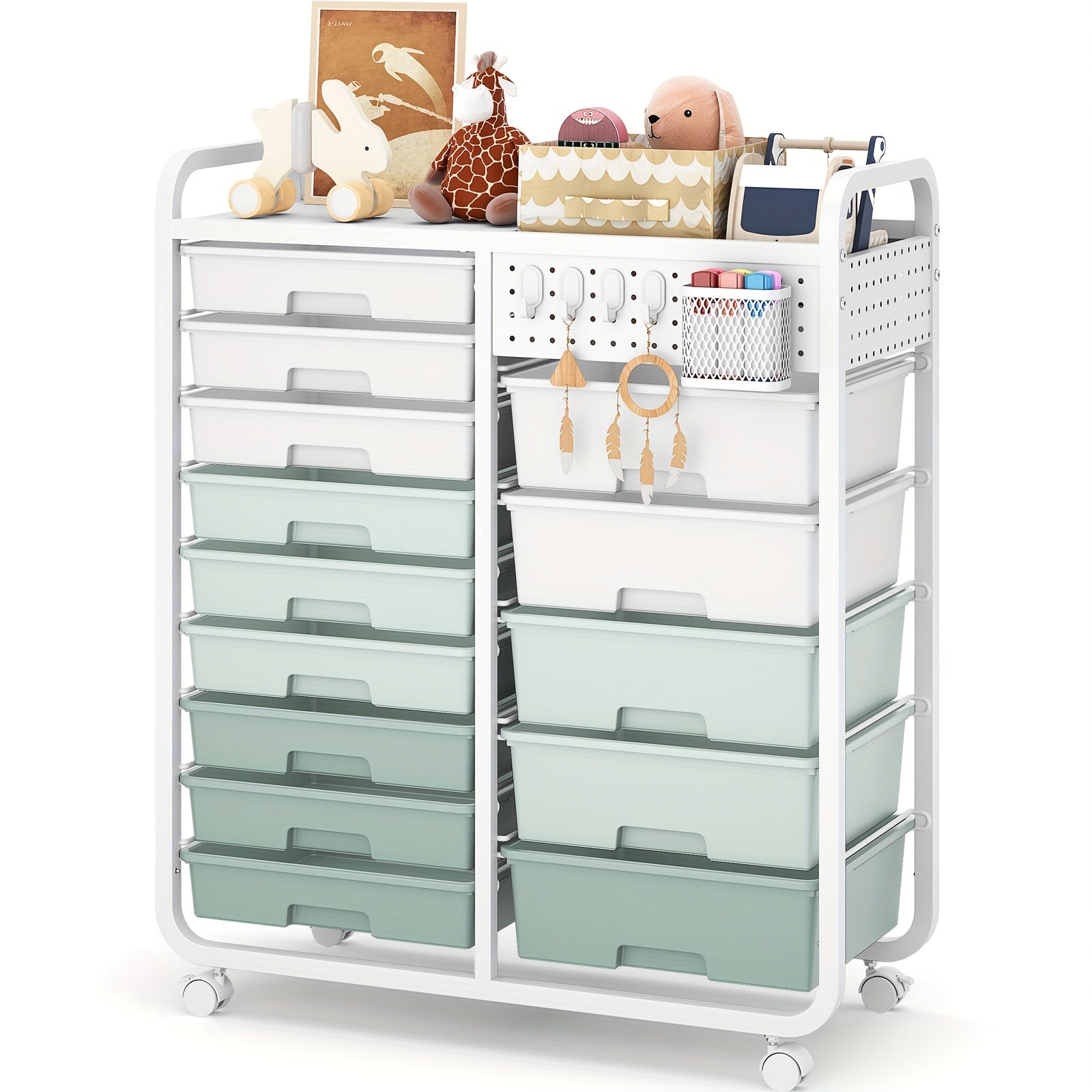 Space-Saving Pull-Out Cabinet Organizer – smooth-access cabinet organization, TOOLF 14-Drawer Rolling Storage Cart with Tabletop Pegboard Mobile Utility Cabinet on Wheels -, designed for American homes, daily convenience and practical gifting