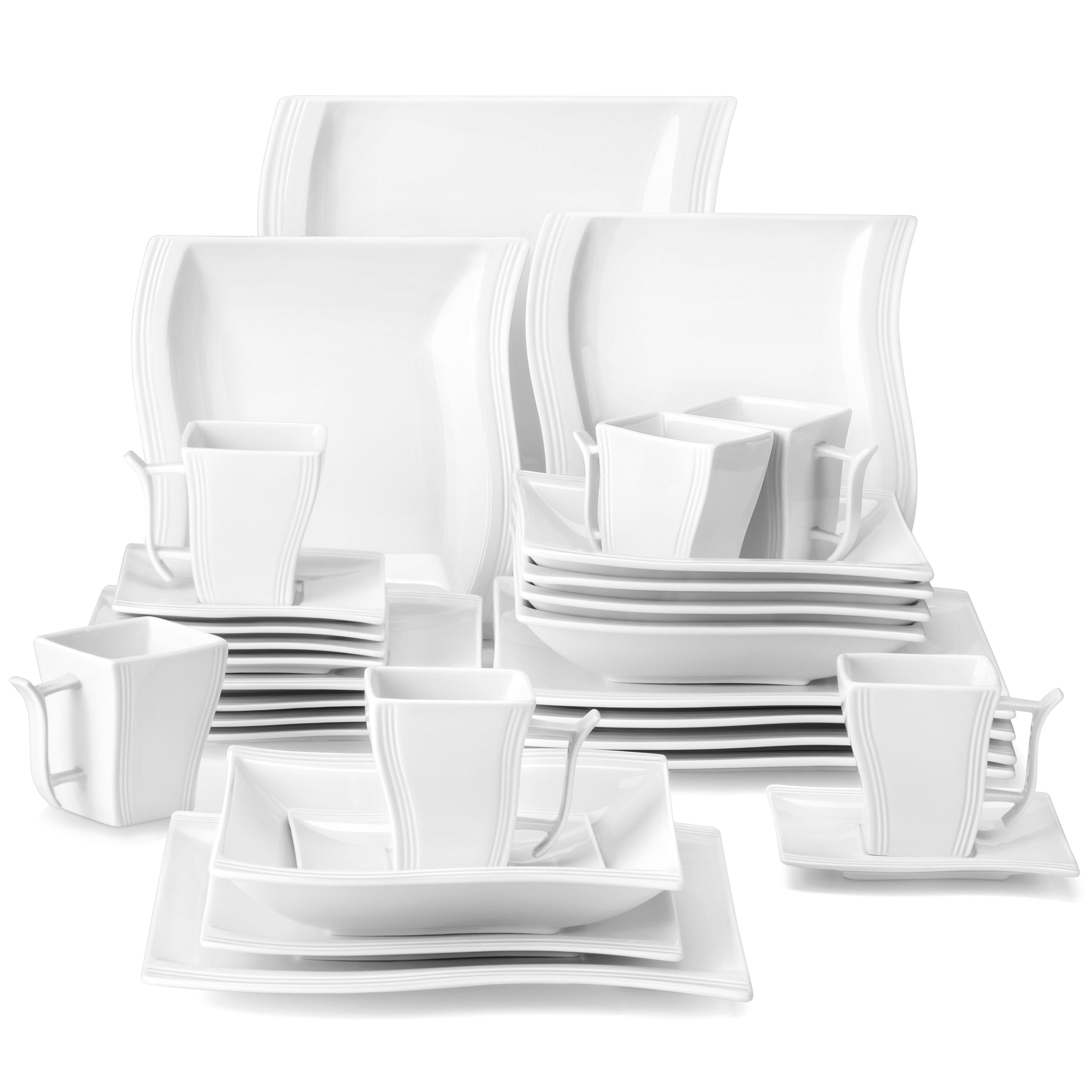 Plates And Bowls Set For 6, Grey White Square Dinnerware Sets, 30pcs Porcelain Dishes Set With Plates, Bowls, Cups And Saucers, Dinner Set Microwave Safe