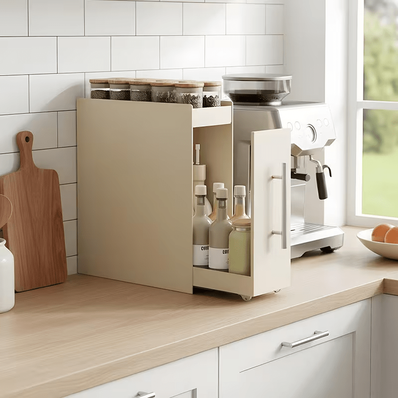 A Two-Tier Kitchen Storage Rack with Magnetic Hooks And a Cutting Board Holder, Ideal for Organizing Condiments, Tea Cups, Spices, Herbs, And Water Bottles. This Pull-Out Multipurpose Spice Box Is a Perfect Solution for Countertop Organization