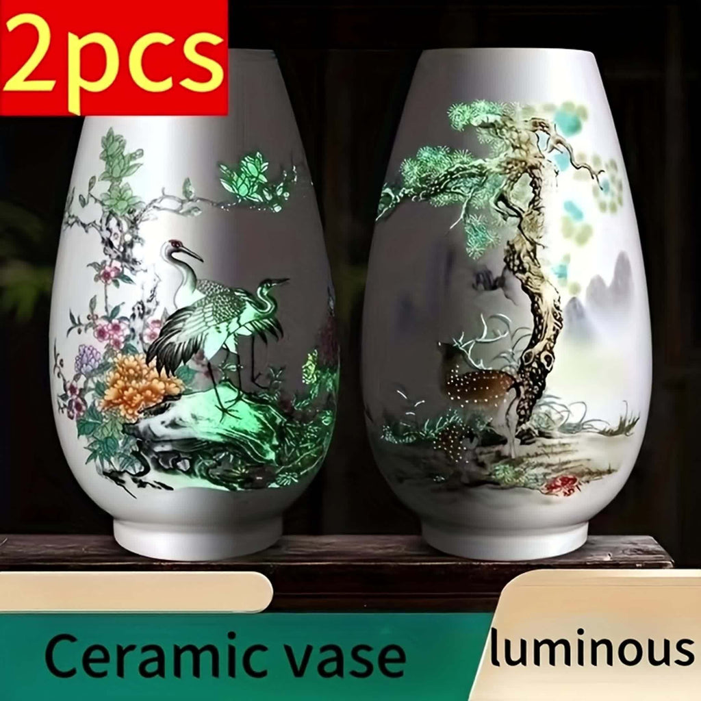 2pcs Luminous Ceramic Vase Made In Jingdezhen, China Vase Ornaments Suitable for Home Desktop, Living Room, Office, Wedding, Holiday Party, Hand-decorated Vase, Home Decoration