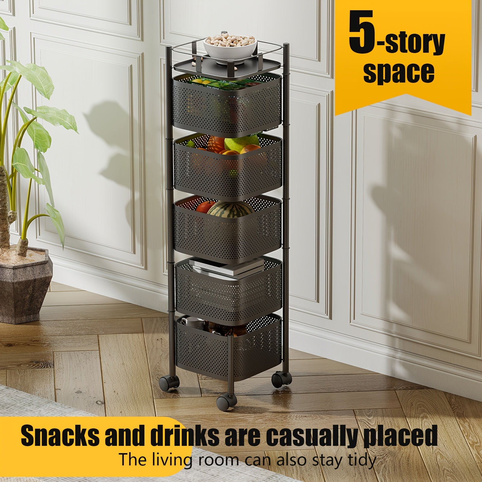 Modern 1pc Adjustable Home Storage Rack – durable multi-purpose storage, 1pc Heavy-Duty 5-Tier Rotating Mobile Storage Cart with Spinning Shelves Floor-Standing Base Suitable for, designed for American homes, daily convenience and practical gifting