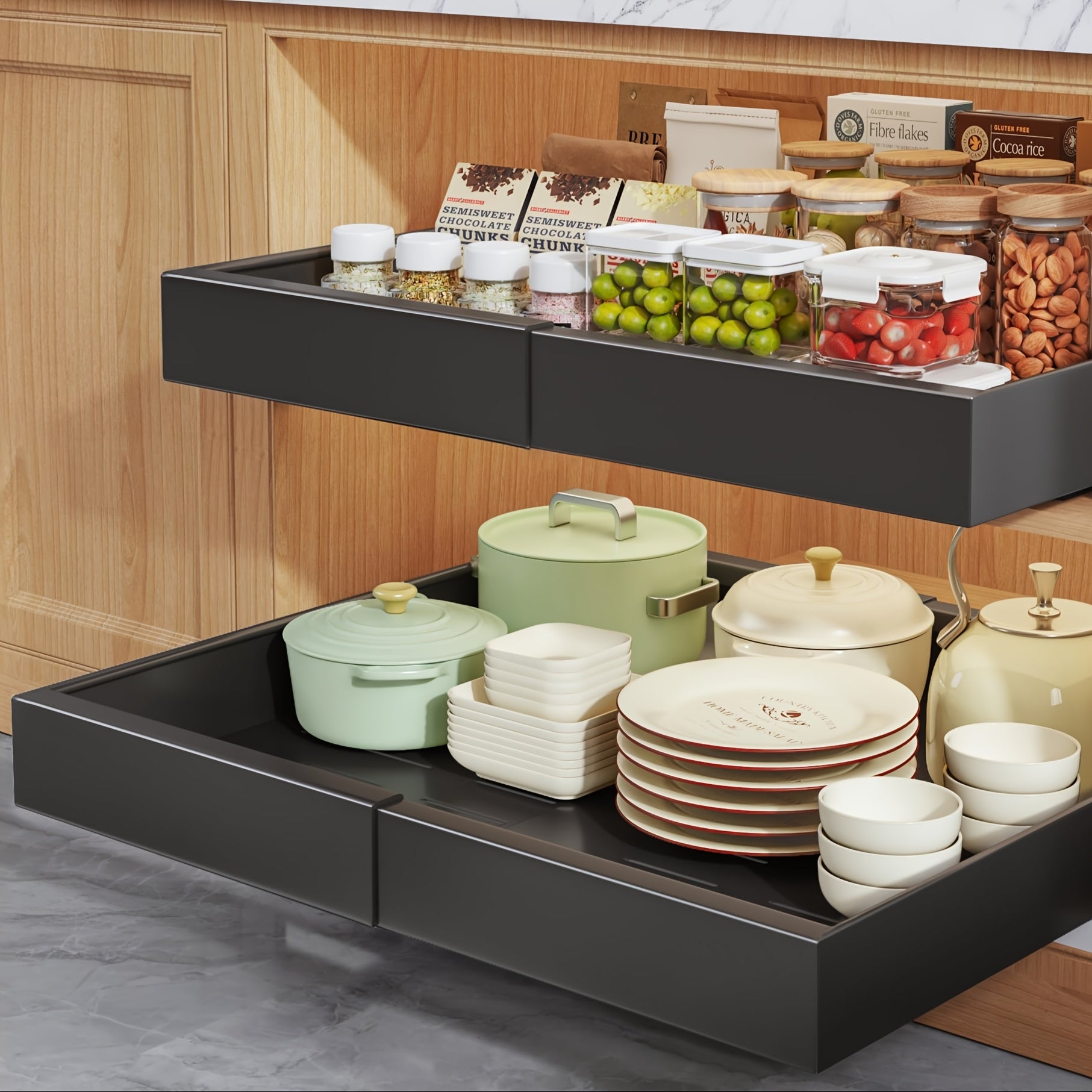 Easy-Access Pull-Out Cabinet Organizer – smooth-access cabinet organization, Set of 4 Sturdy Carbon Steel Sliding Storage Organizers for Kitchen Cabinets Featuring Expandable, designed for American homes, daily convenience and practical gifting