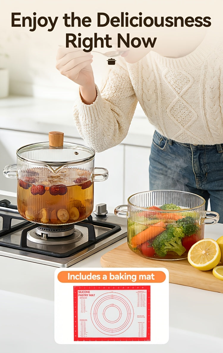 [2-Pack] Stovetop Safe Ribbed Glass Pots with Lids, 78Oz & 54Oz Saucepan for Soup Ramen Milk, Heat Resistant Borosilicate Cookware