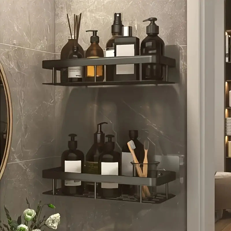 1/2/3pcs Metal Punch-free Bathroom Rack, Thickened, Easy to Install, Multi-piece Bathroom Rack, Punch-free Wall-mounted Storage Rack, Large-capacity Wall-mounted Black And Silvery Multi-function Storage Rack Suitable for Toilets And Bathrooms