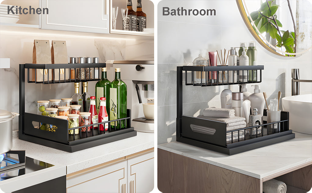 Kitchen Essential – 2Pack-2-Tier Slide-Out Under Sink Organizer | Heavy-Duty Carbon Steel Pull-Out Cabinet Shelf with Adjustable Compartments, Painted End, Ideal for Organizing Kitchen, Bath