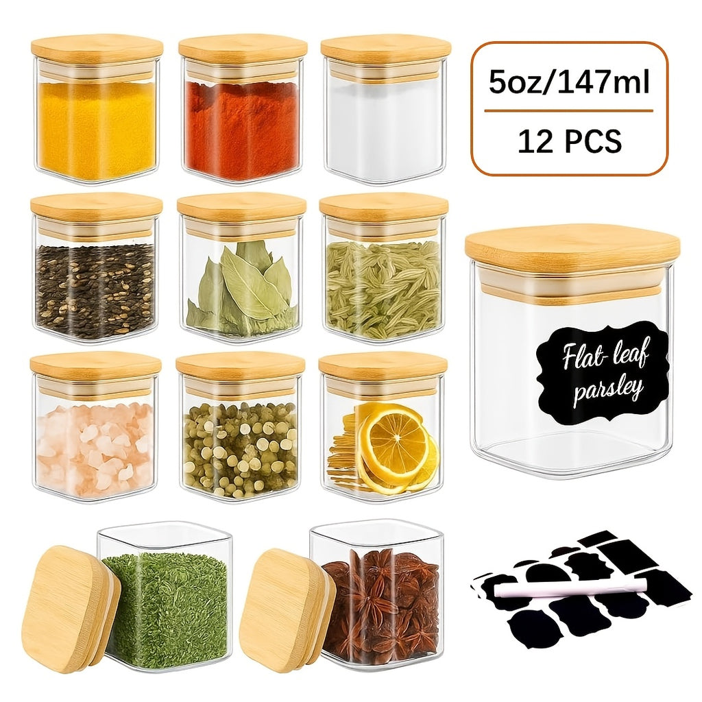 Compact 12pcs Glass Spice Jar Set – clear reusable pantry storage, 12pcs Spice Glass Jars Set with Labels 5oz 7oz 9oz Square Spice Jars with, designed for American homes, daily convenience and practical gifting
