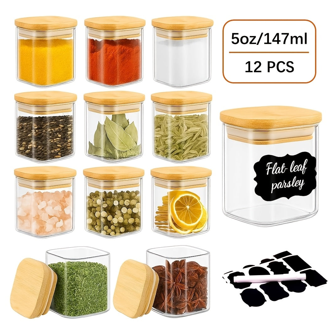 Compact 12pcs Glass Spice Jar Set – clear reusable pantry storage, 12pcs Spice Glass Jars Set with Labels 5oz 7oz 9oz Square Spice Jars with, designed for American homes, daily convenience and practical gifting
