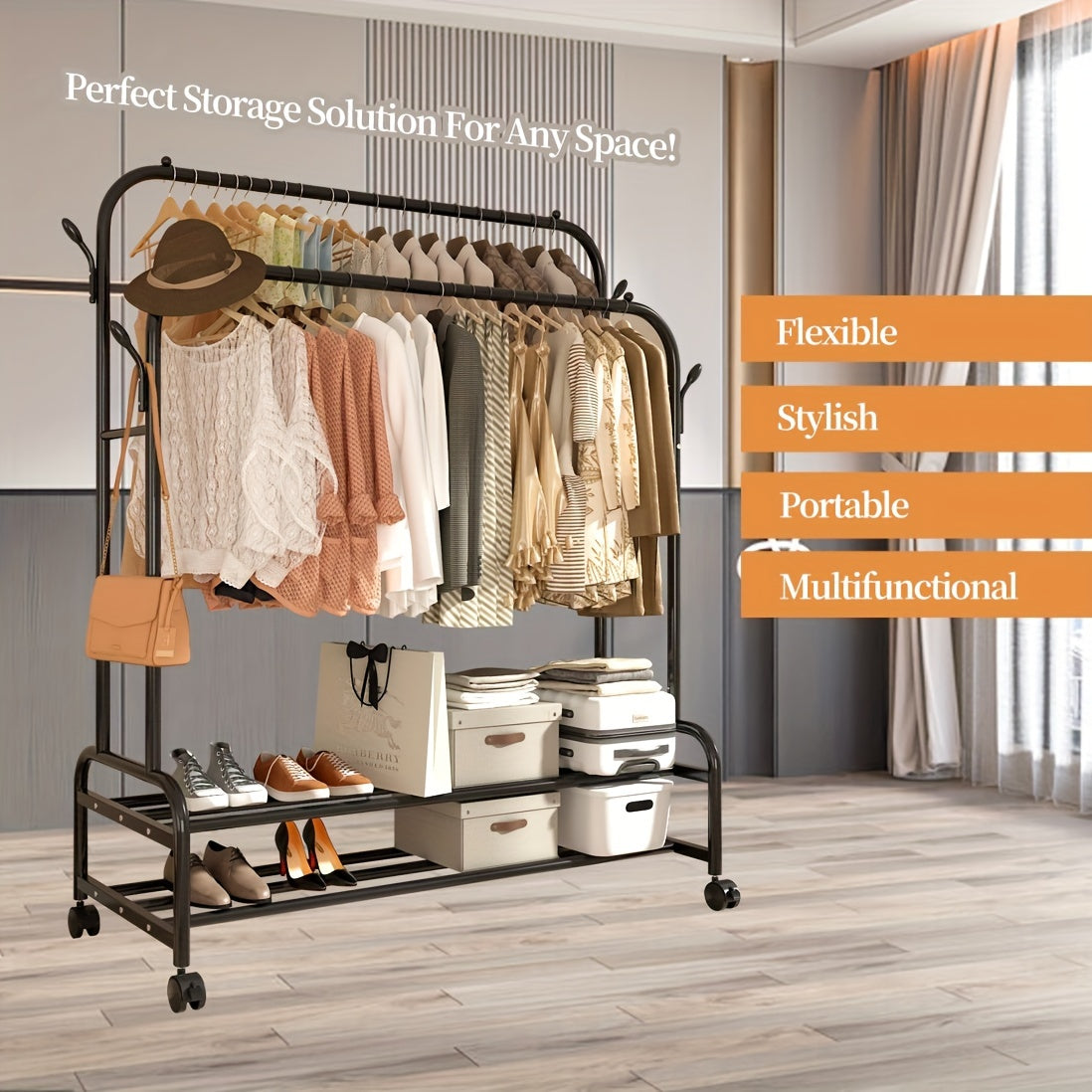 Heavy-Duty Adjustable Home Storage Rack – durable multi-purpose storage, Sturdy Metal Double Rodding Clothes Rack with Wheels Portable Clothing Rack with Shelves Hooks, designed for American homes, daily convenience and practical gifting
