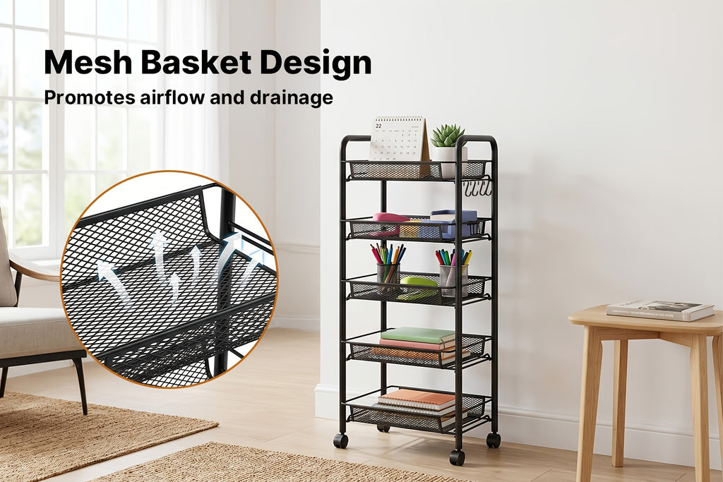 Versatile Adjustable Home Storage Rack – durable multi-purpose storage, Carbon Steel 5-Tier Rolling Storage Cart - Multi-Functional Easy to Use with Hooks Removable, designed for American homes, daily convenience and practical gifting