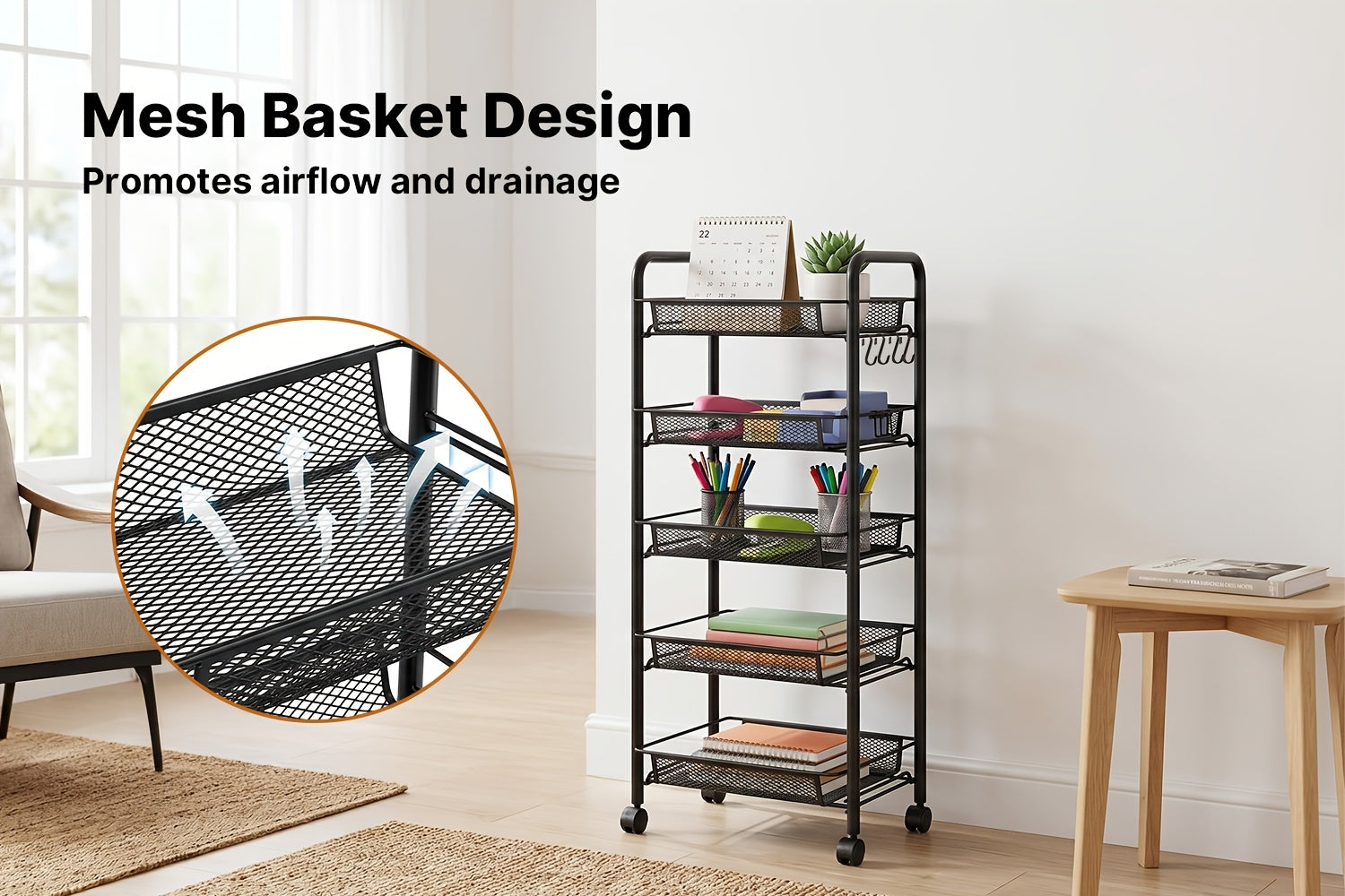 Versatile Adjustable Home Storage Rack – durable multi-purpose storage, Carbon Steel 5-Tier Rolling Storage Cart - Multi-Functional Easy to Use with Hooks Removable, designed for American homes, daily convenience and practical gifting