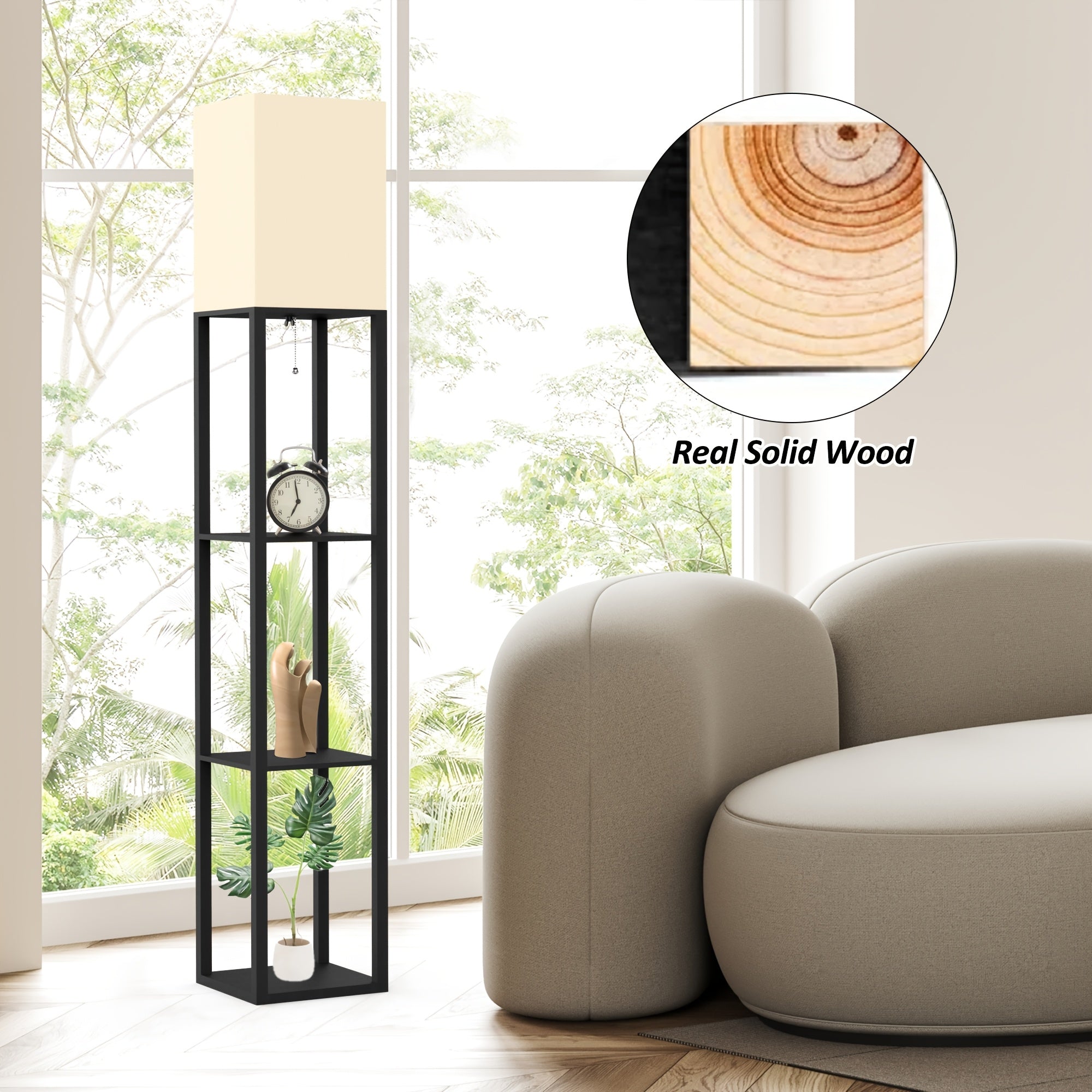 62.9" Column Floor Lamp with Shelves, Real Solid Wood And Bulb Included, Suitable for Halloween, Christmas And Other Holidays
