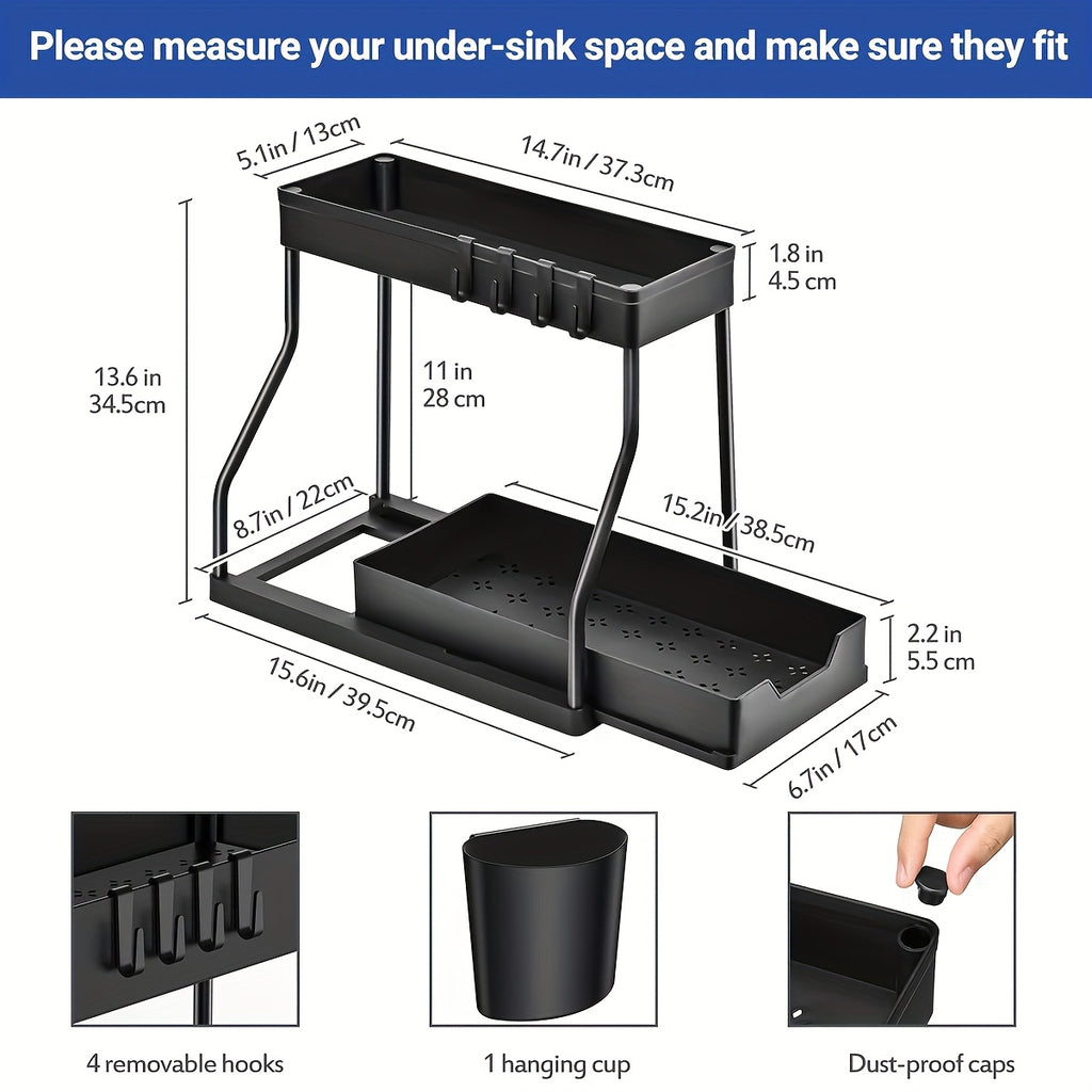 Two-Part Sliding Drawer Sink Storage Rack - Sturdy Shelves for Bathroom And Kitchen, Designed to Save Space with a Chic Appearance