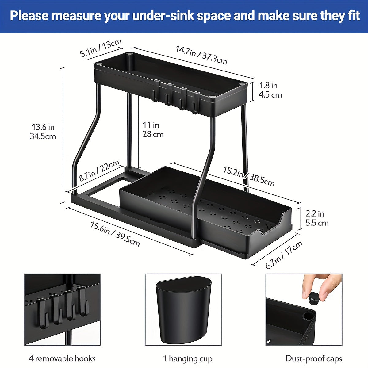 Two-Part Sliding Drawer Sink Storage Rack - Sturdy Shelves for Bathroom And Kitchen, Designed to Save Space with a Chic Appearance