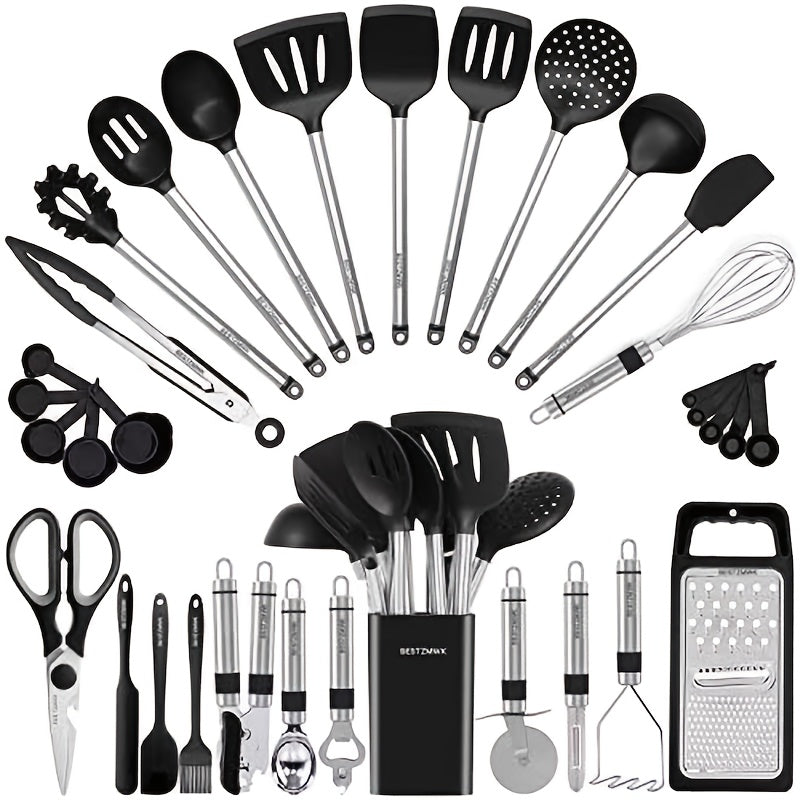 Kitchen Essential – 33pcs Silicone Kitchen Utensil Set | Heat-resistant, Suitable for Non-stick Cookware, Black Stainless Steel Handle, Includes Brush Set, Small Kitchen Tools, Ideal Father'