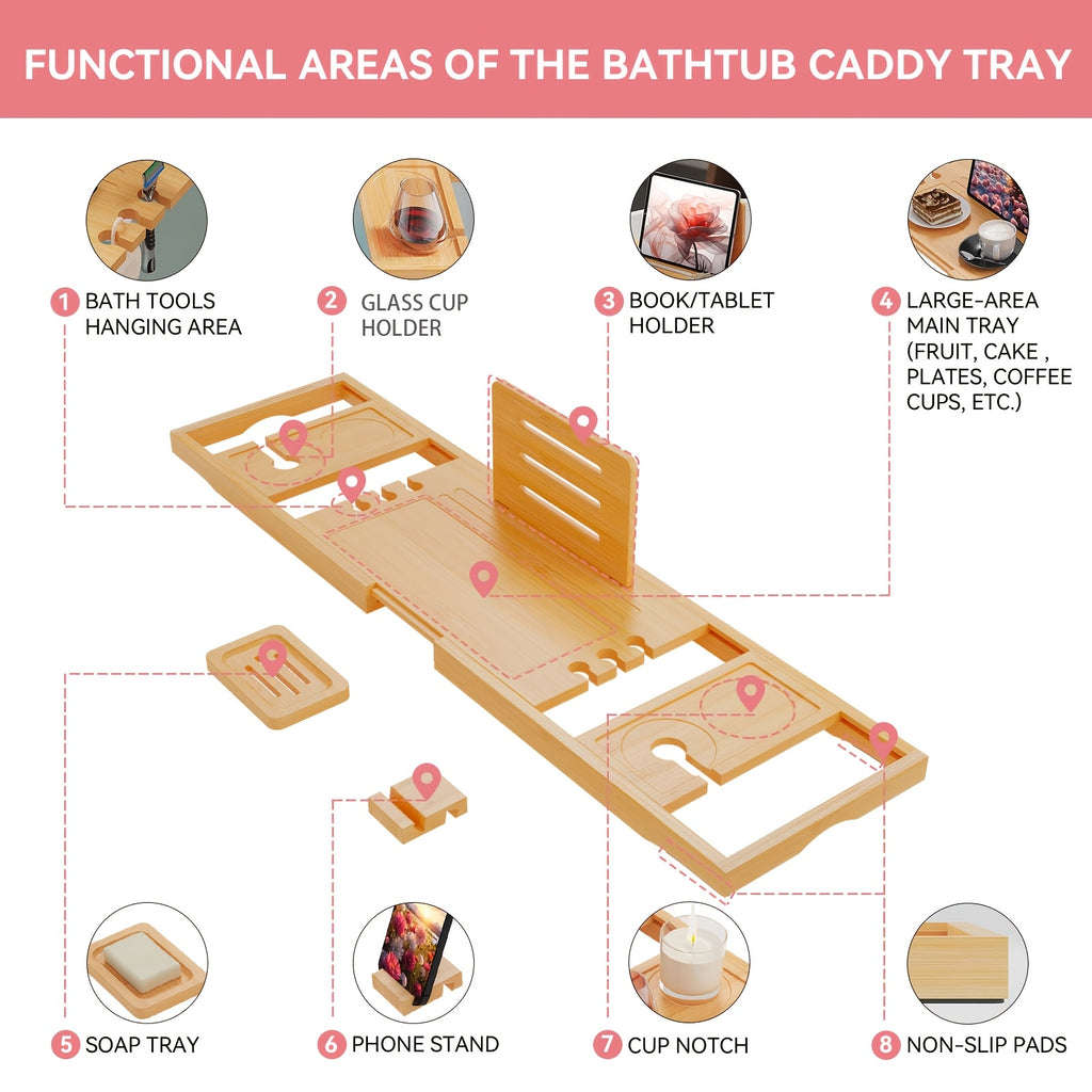 Sturdy And Durable Bathtub Tray, Made Of Wood. The Bath Table Tray Is Adjustable. The Bathtub - Specific Bath Caddy Tray Ensures Hassle - Free Storage. A Thoughtful Gift for Her.