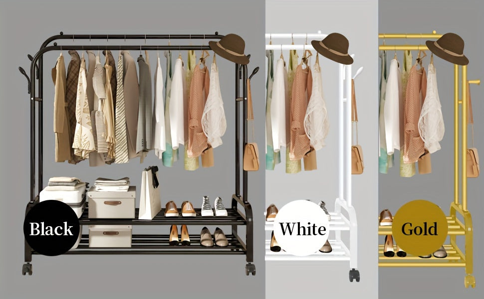 Heavy-Duty Adjustable Home Storage Rack – durable multi-purpose storage, Sturdy Metal Double Rodding Clothes Rack with Wheels Portable Clothing Rack with Shelves Hooks, designed for American homes, daily convenience and practical gifting
