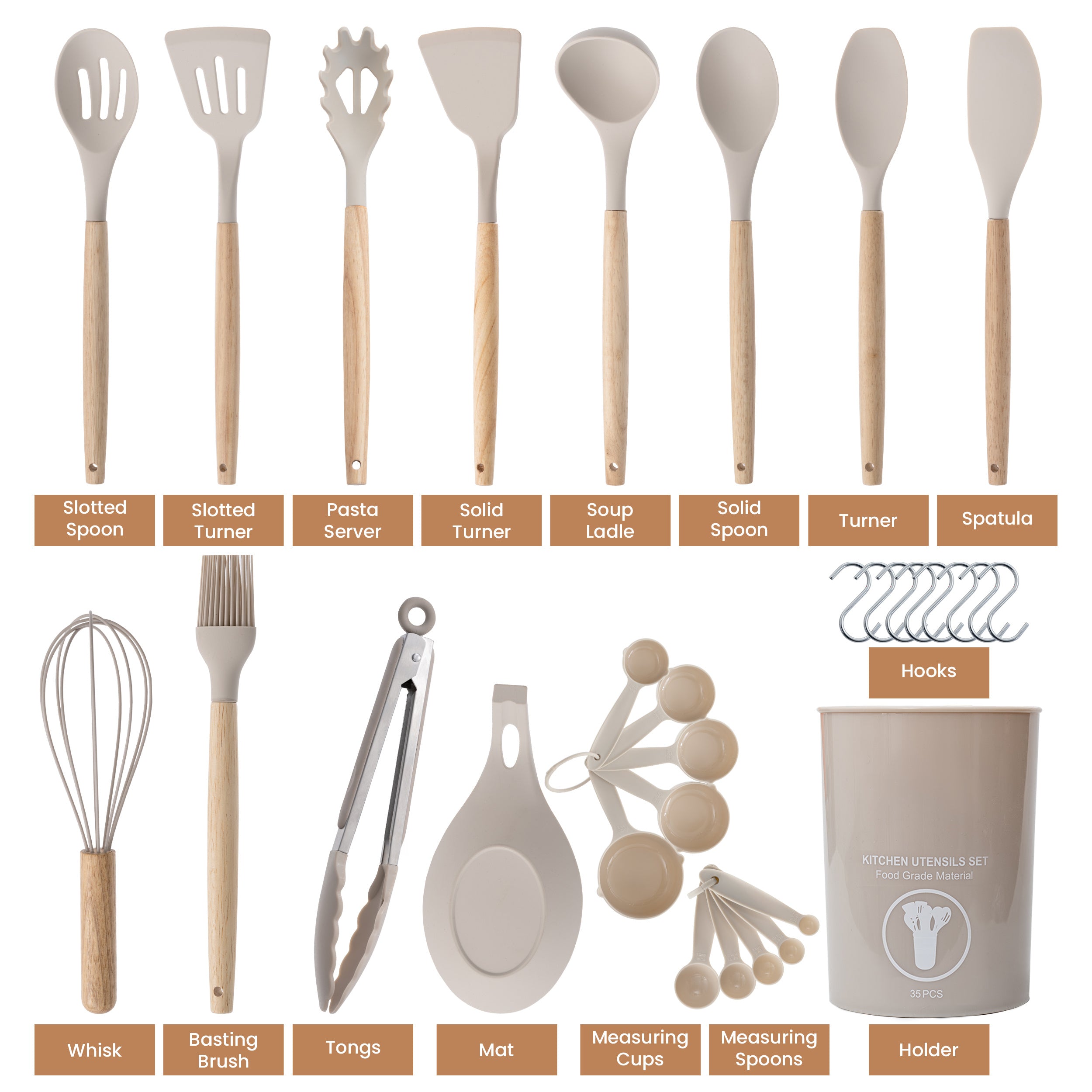 Kitchen Essential – 35 Piece Kitchen Utensils Set with Holder - Heat Resistant Wooden Handle - Silicone Non-Stick Cooking Spatula, Kitchen Essentials Tools and Gadgets for Modern US Homes, e