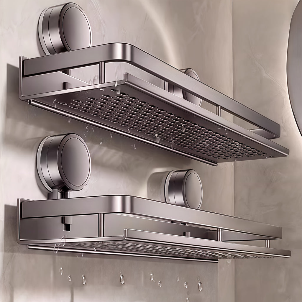 Non-Damaging Suction Cup Shower Shelf - 11.81-In/15.75-In Gray Metal Bath Organizer, 2-Tier Quick Installation And Detachable Design, Shelves