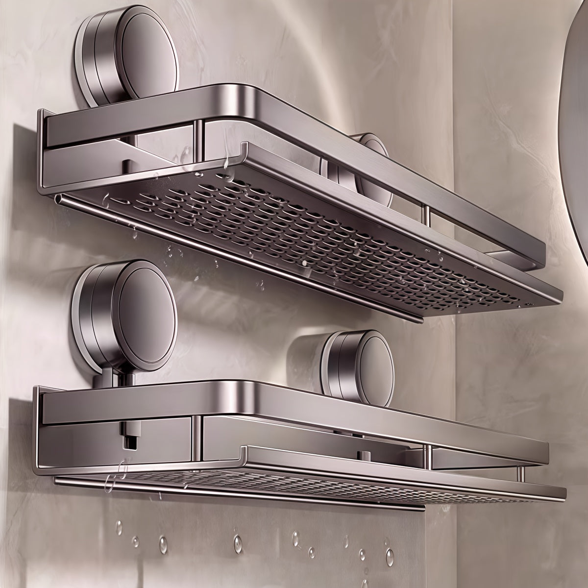 Non-Damaging Suction Cup Shower Shelf - 11.81-In/15.75-In Gray Metal Bath Organizer, 2-Tier Quick Installation And Detachable Design, Shelves