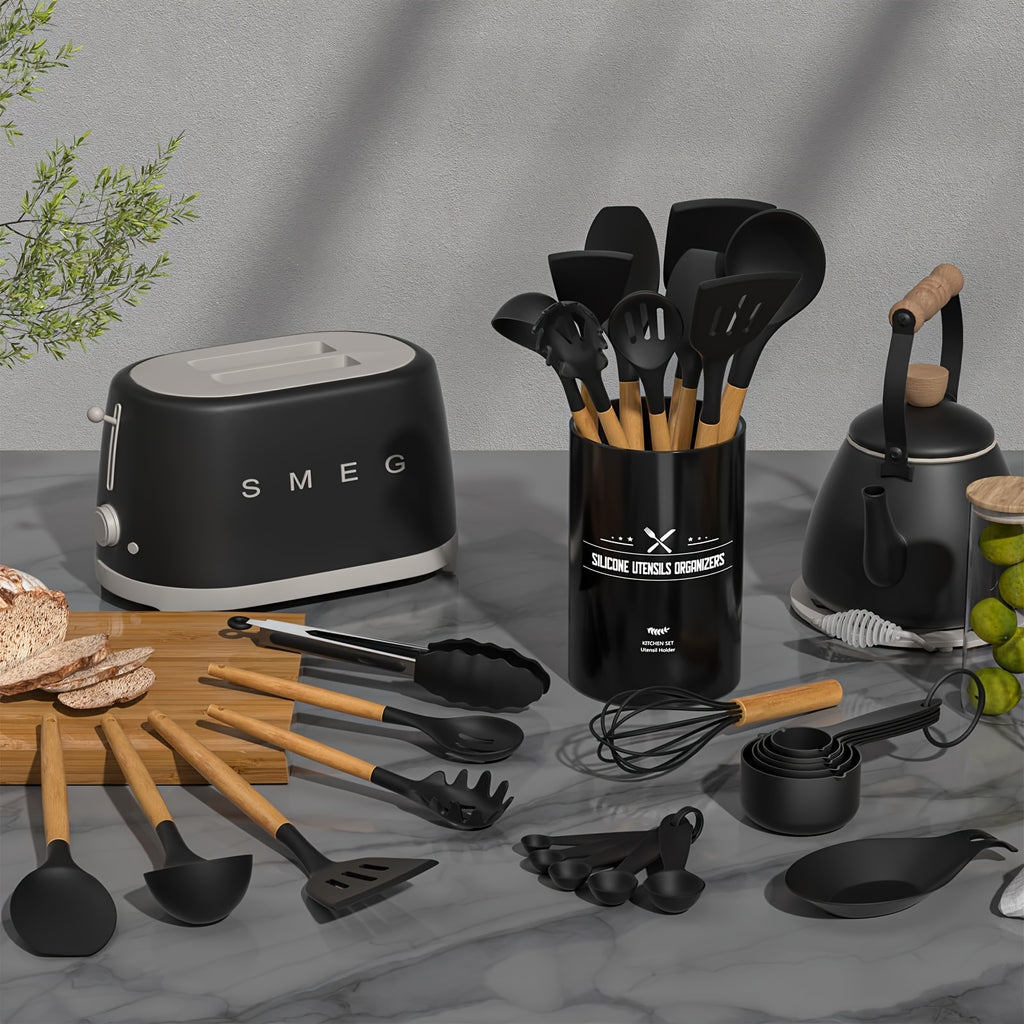 Kitchen Utensils Set- 34pcs Silicone Cooking Utensils With Holder, Heat Resistant Kitchen Utensil Spatula Set For Nonstick Cookware, Black Wooden Handles Kitchen Gadgets Tools Set Father Gift