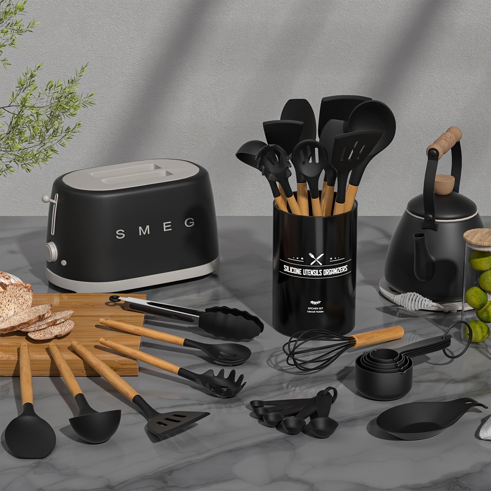 Kitchen Utensils Set- 34pcs Silicone Cooking Utensils With Holder, Heat Resistant Kitchen Utensil Spatula Set For Nonstick Cookware, Black Wooden Handles Kitchen Gadgets Tools Set Father Gift