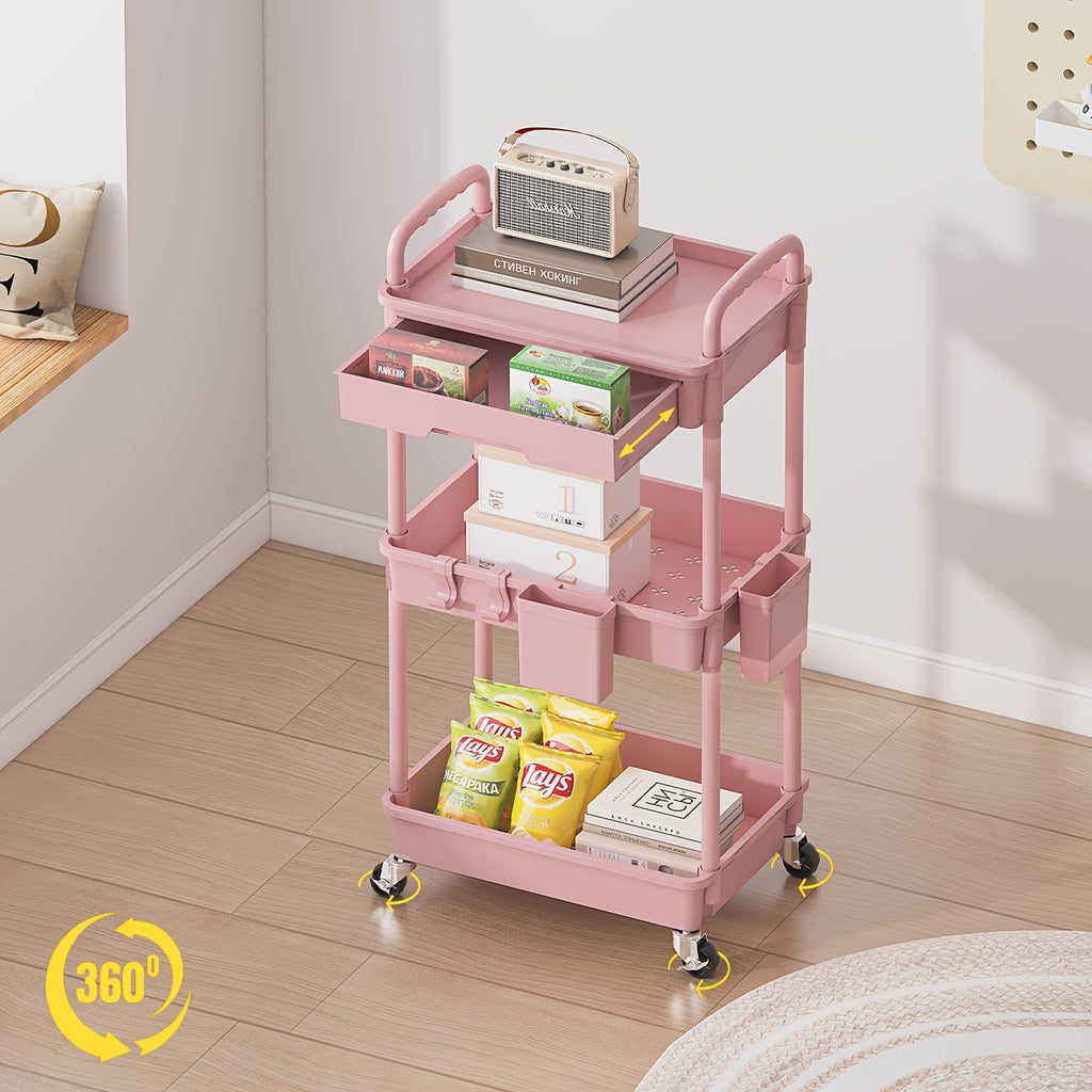 Kitchen Essential – 3 Tier Multifunctional Rolling Cart with Drawer, Durable Plastic Rolling Cart- with Drawers And Lockable Wheels, Includes Practical Accessories Like Cup Holders And Hooks