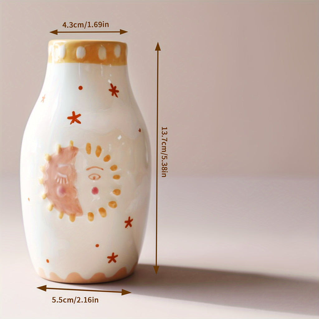 Unique Ceramic Vase, Cute Boho Decor, Small Cream Vase For Dried Flowers Or Single Bud - Sun And Moon Face Design