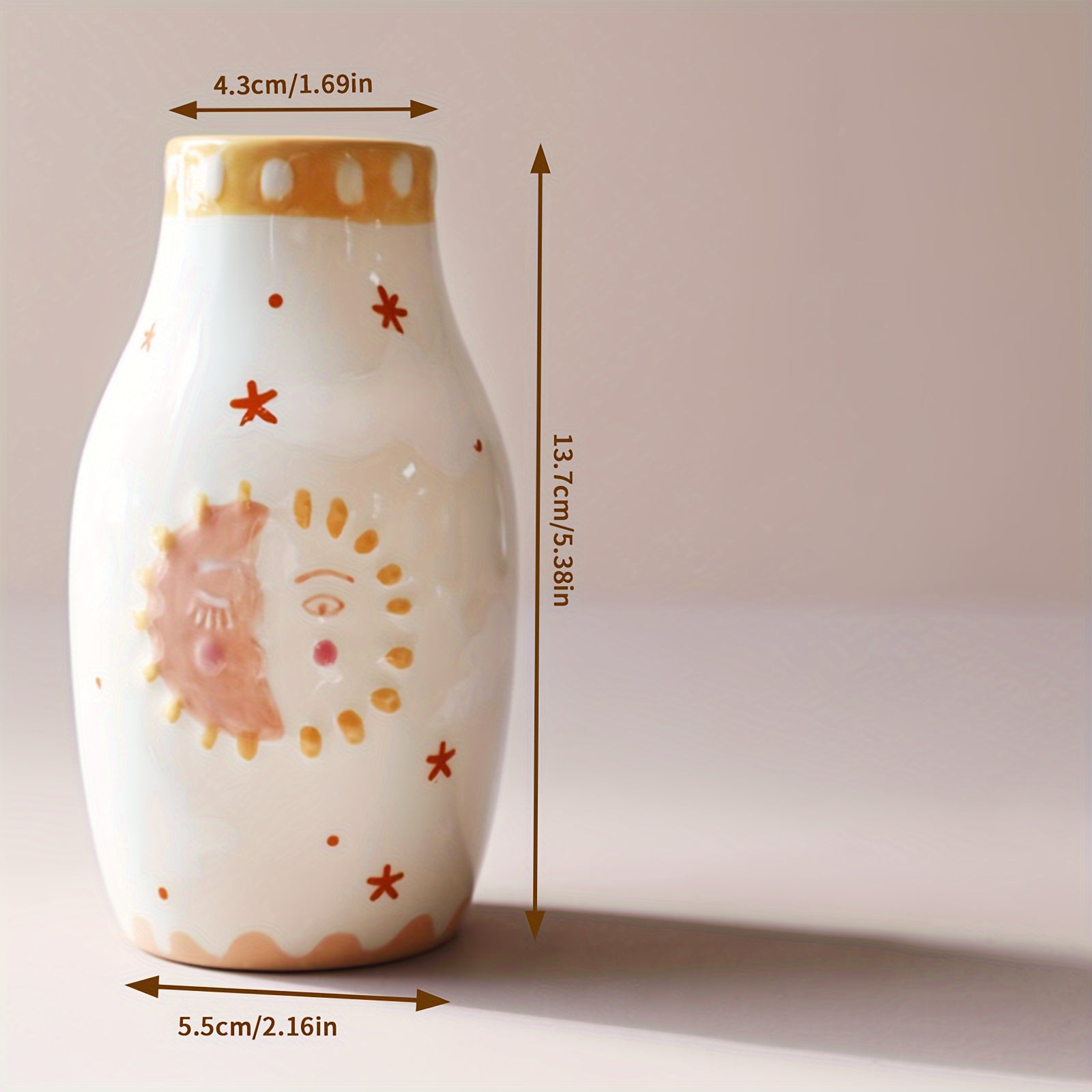 Unique Ceramic Vase, Cute Boho Decor, Small Cream Vase For Dried Flowers Or Single Bud - Sun And Moon Face Design