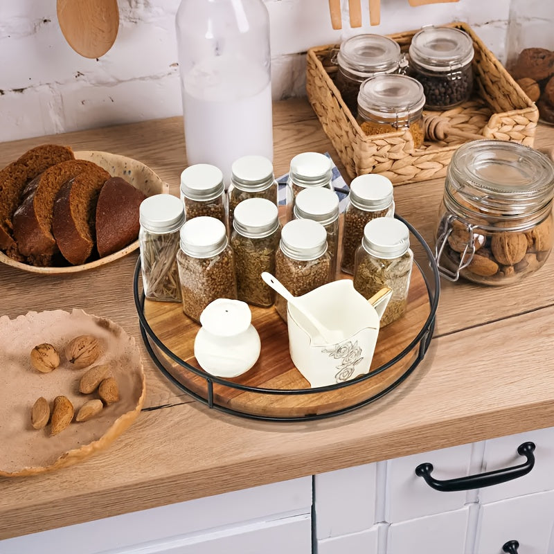 Space-Saving 1pc Refrigerator Bottle Organizer – easy-access beverage storage, 1pc Wooden Storage Rack with Steel Armrests Turntable Organizer for Cupboard Pantry Kitchen Countertop, designed for American homes, daily convenience and practical giftin
