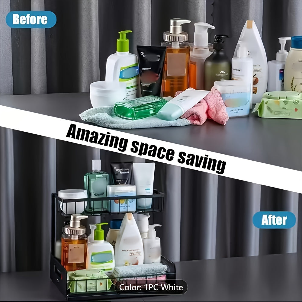 Kitchen Essential – Two-Tier Under-Sink Organizer Featuring a Sliding Drawer, Metal Pull-Out Storage Rack for Kitchen, Bathroom, Or Closet, Designed for Space Efficiency And Easy Access for