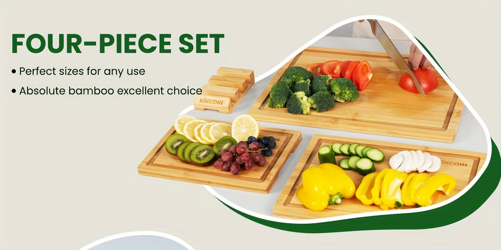 4pcs Oversized Bamboo Cutting Board, Equipped With Cutting Board Rack, Kitchen Gadgets, Juice Groove, Knife Friendly, Multifunctional Board, The Best Gift For Family, Friends And Relative. Memorial Day, Spring Essentials, Mother'S Day Gift