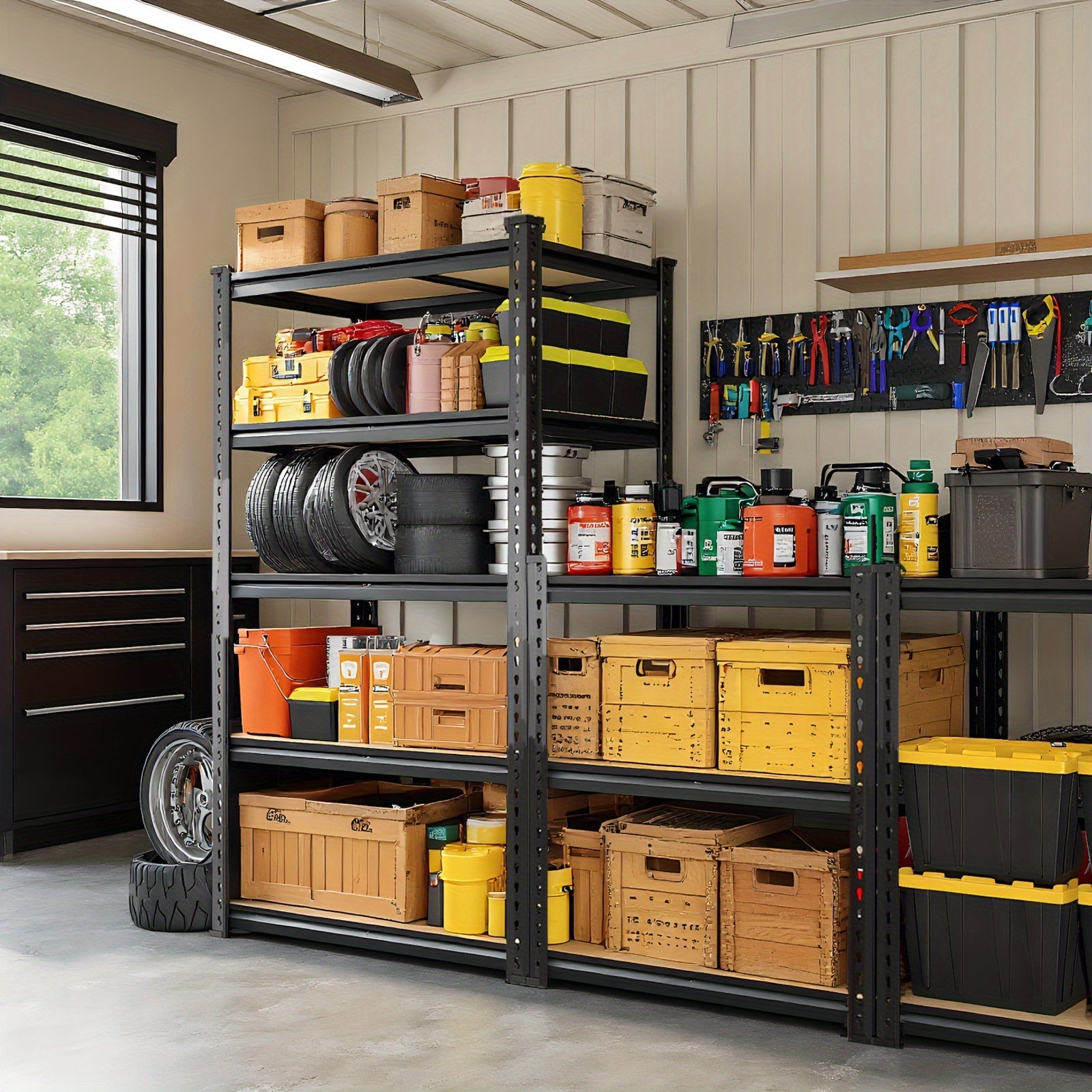 2000 Capacity Heavy-Duty 5-Tier Industrial Shelving Unit - Adjustable Height (72"/60") Black Metal Storage Rack with Open & Enclosed Shelves, Freestanding Garage, Pantry, Closet Organizer, Easy Assembly Utility Shelf with & Hammer, Utility Shelves