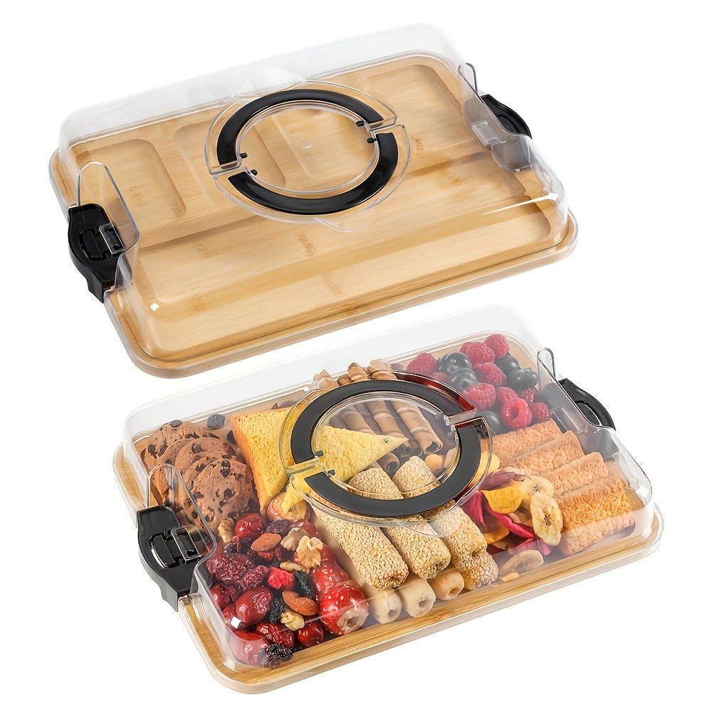 Heavy-Duty Home Storage Organizer – space-saving everyday organization, A Bamboo Tray with a Transparent Lid - Bamboo Charcuterie Cheese Board - Divided, designed for American homes, daily convenience and practical gifting