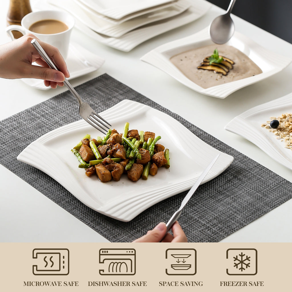 Plates And Bowls Set For 6, Grey White Square Dinnerware Sets, 30pcs Porcelain Dishes Set With Plates, Bowls, Cups And Saucers, Dinner Set Microwave Safe