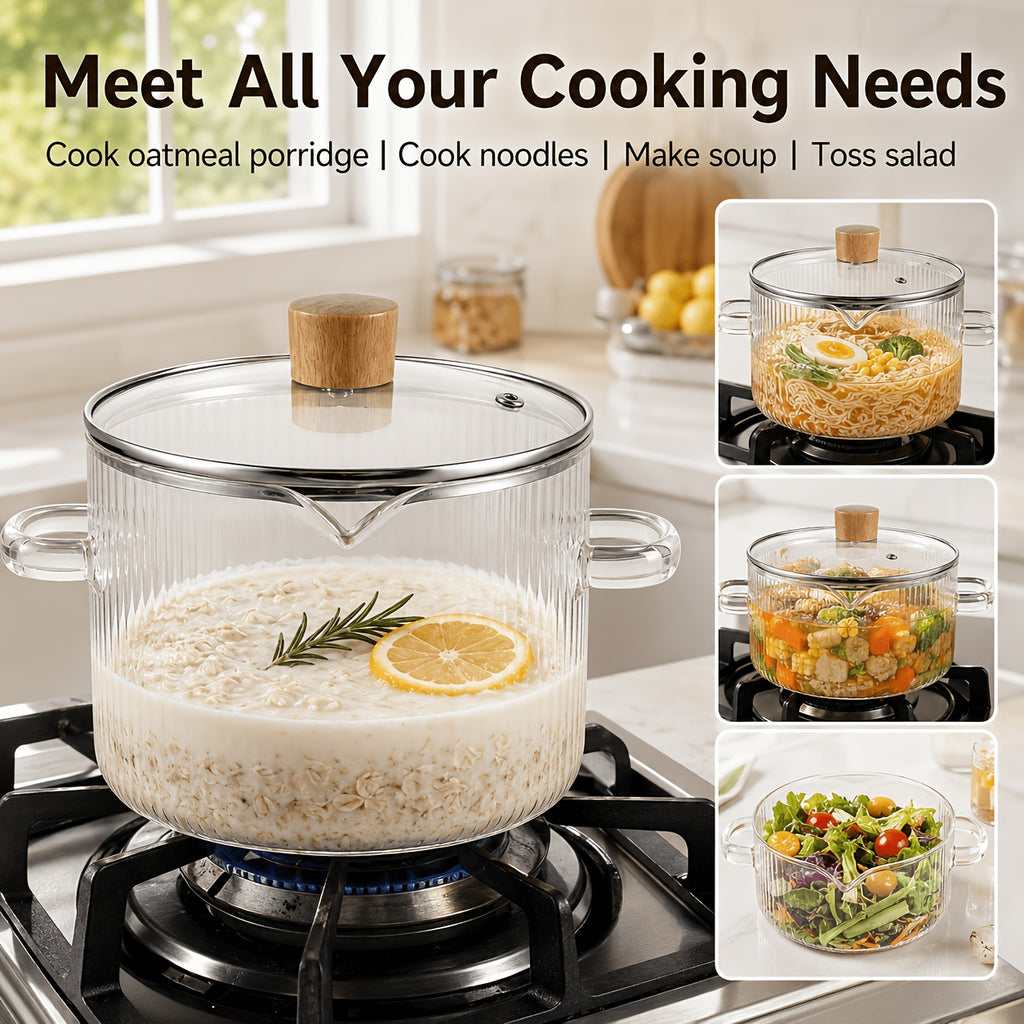 [2-Pack] Stovetop Safe Ribbed Glass Pots with Lids, 78Oz & 54Oz Saucepan for Soup Ramen Milk, Heat Resistant Borosilicate Cookware