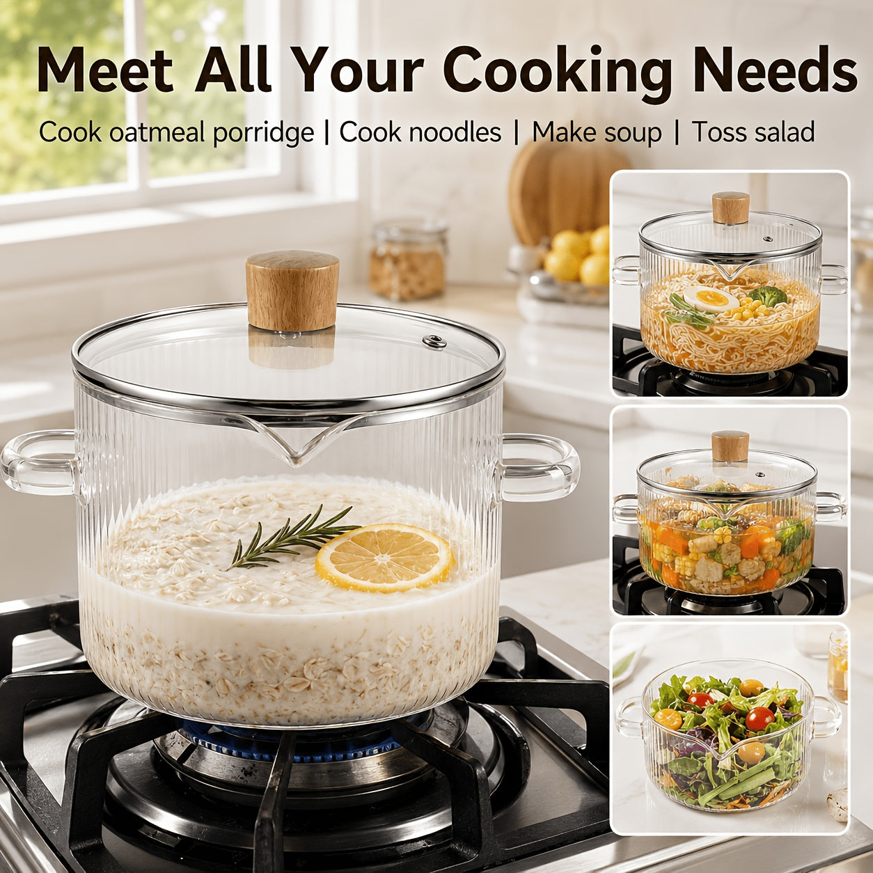 [2-Pack] Stovetop Safe Ribbed Glass Pots with Lids, 78Oz & 54Oz Saucepan for Soup Ramen Milk, Heat Resistant Borosilicate Cookware
