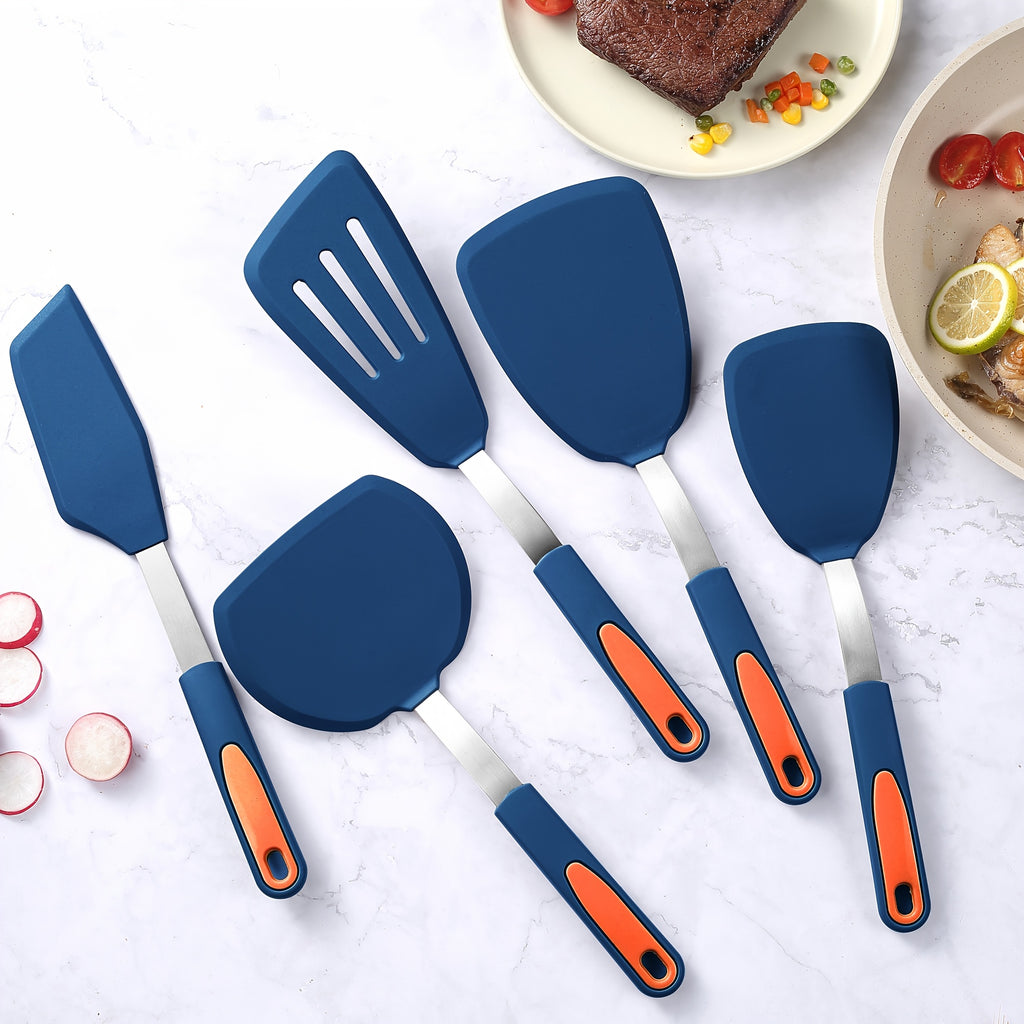 Kitchen Essential – 5pcs Silicone Spatula Set, BPA Free Silicone Turners, Heat-Resistant Cooking Utensils, Flip Turner for Fish, Egg, Pancake, Healthy Cooking Tools for Modern US Homes, easy